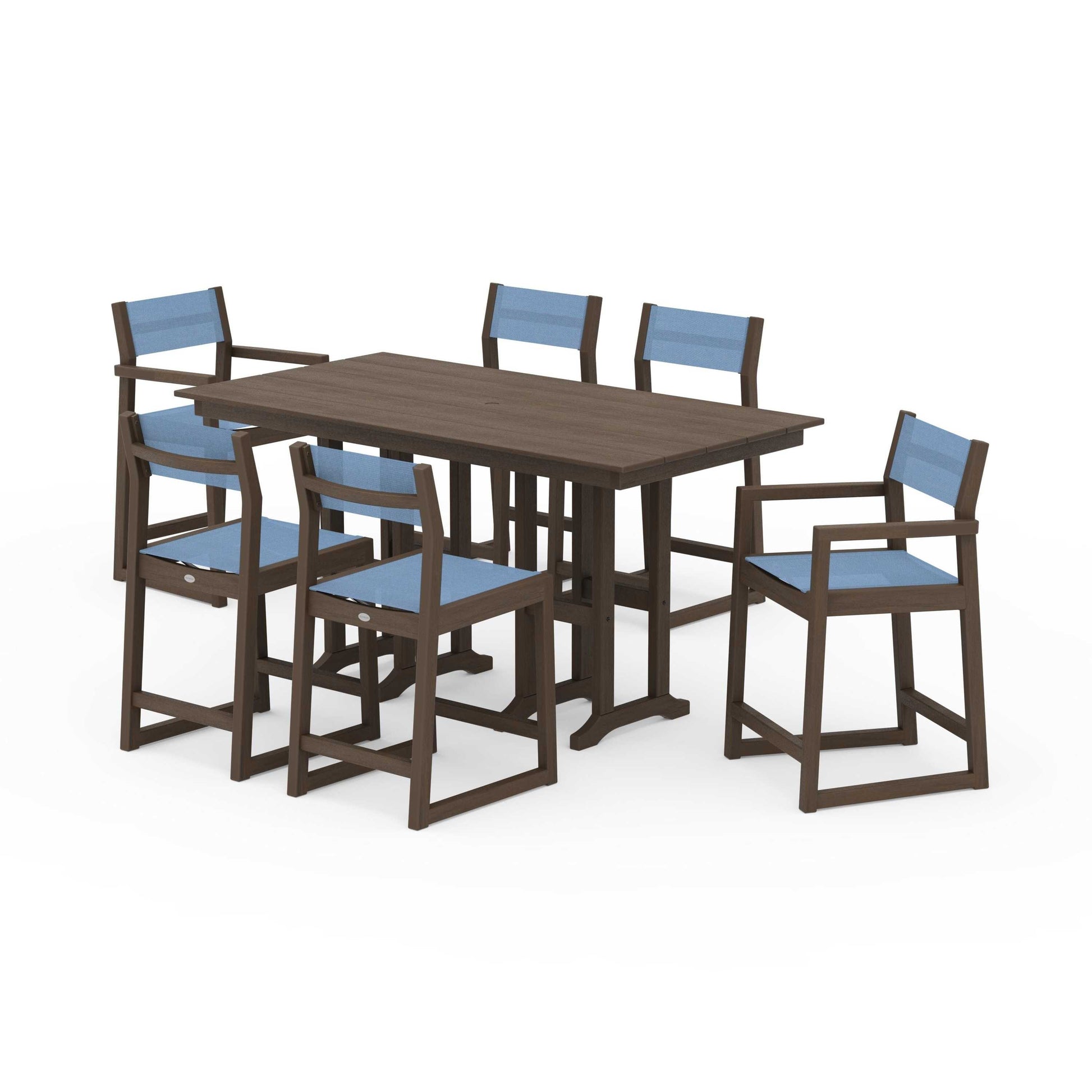 POLYWOOD EDGE Sling 7-Piece Farmhouse Counter Set with Trestle Legs — Kona / Poolside Sling