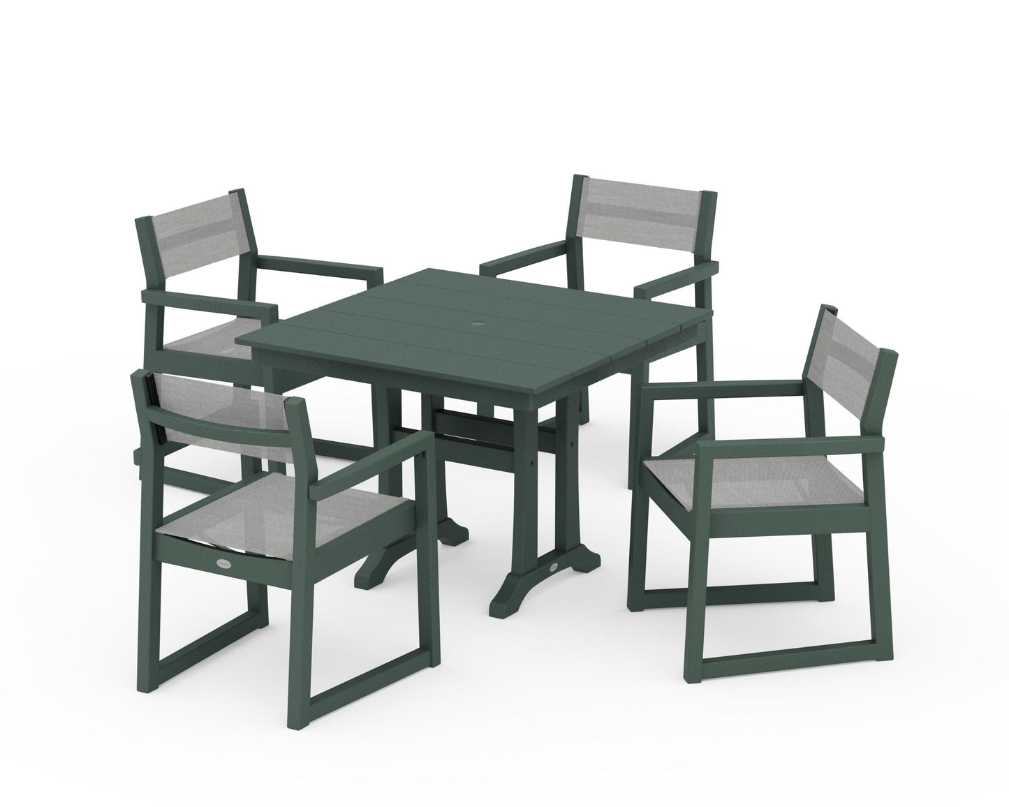 POLYWOOD EDGE Sling 5-Piece Farmhouse Dining Set with Trestle Legs — Green / Metallic Sling