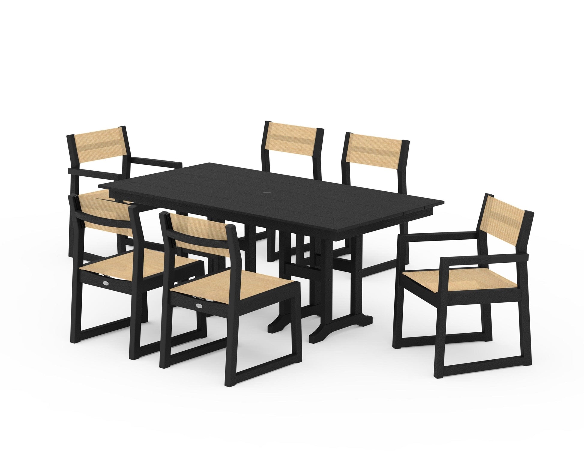 POLYWOOD EDGE Sling 7-Piece Farmhouse Dining Set — Black / Dupioni Apricot Sling