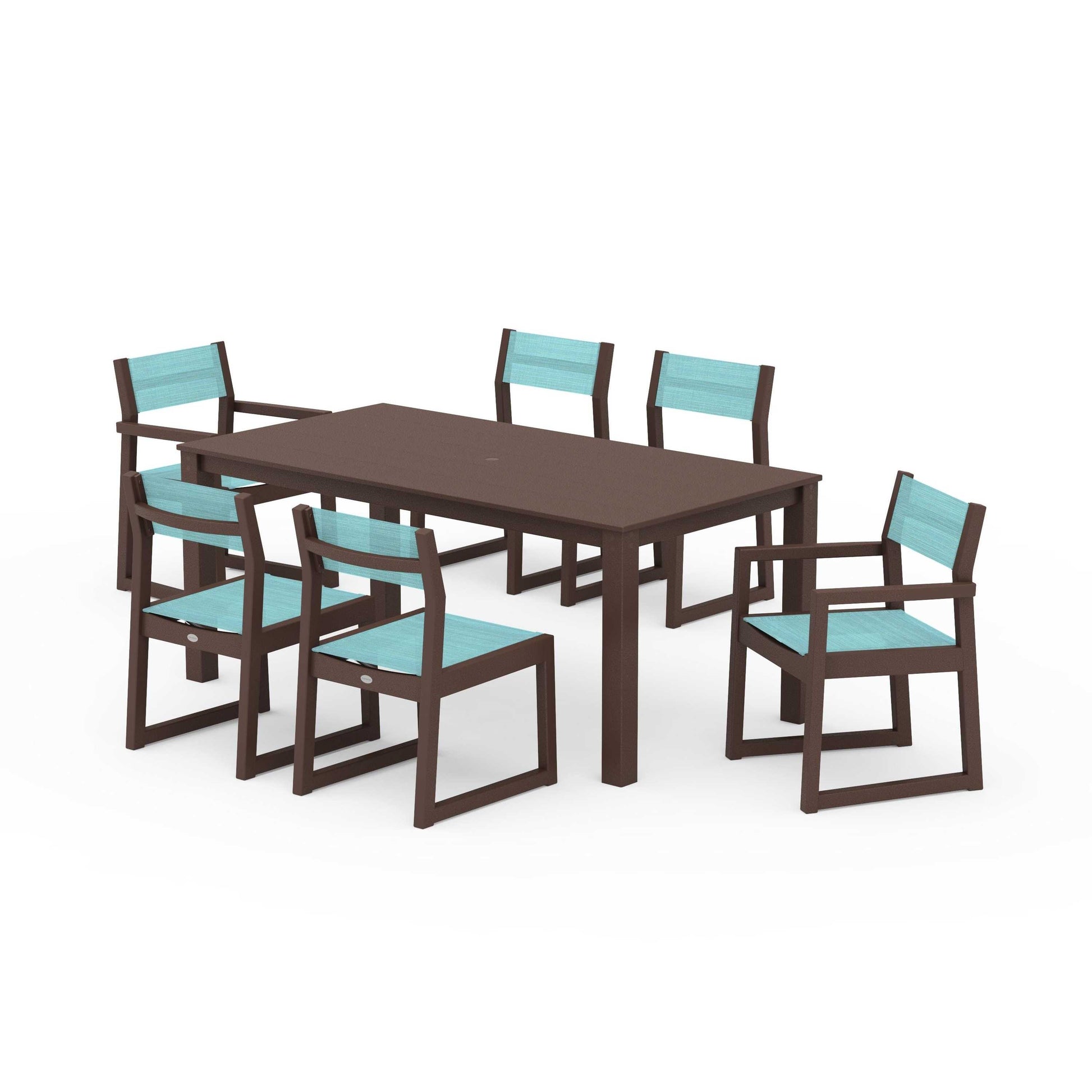 POLYWOOD EDGE Sling 7-Piece Parsons Dining Set — Mahogany / Dupioni Aquamarine Sling