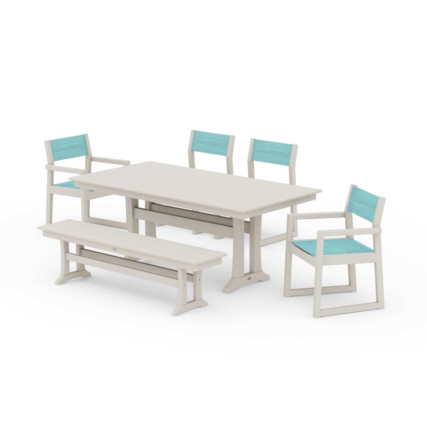 POLYWOOD EDGE Sling 6-Piece Farmhouse Dining Set With Trestle Legs — Sand / Dupioni Aquamarine Sling