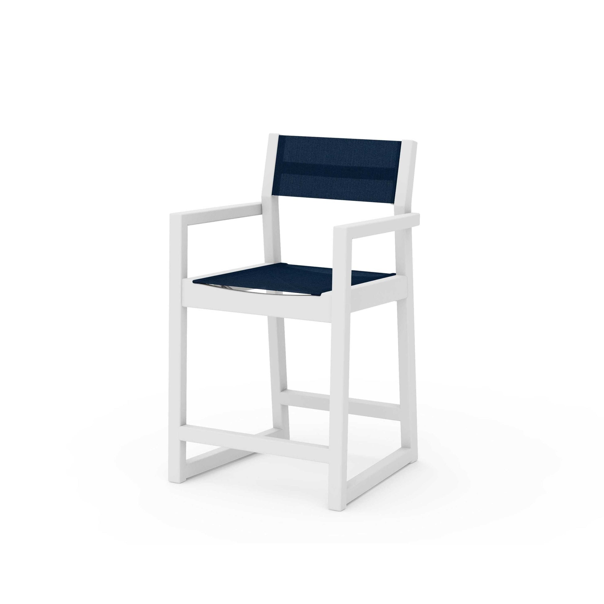 POLYWOOD EDGE Sling Counter Arm Chair — White / Navy Blue Sling