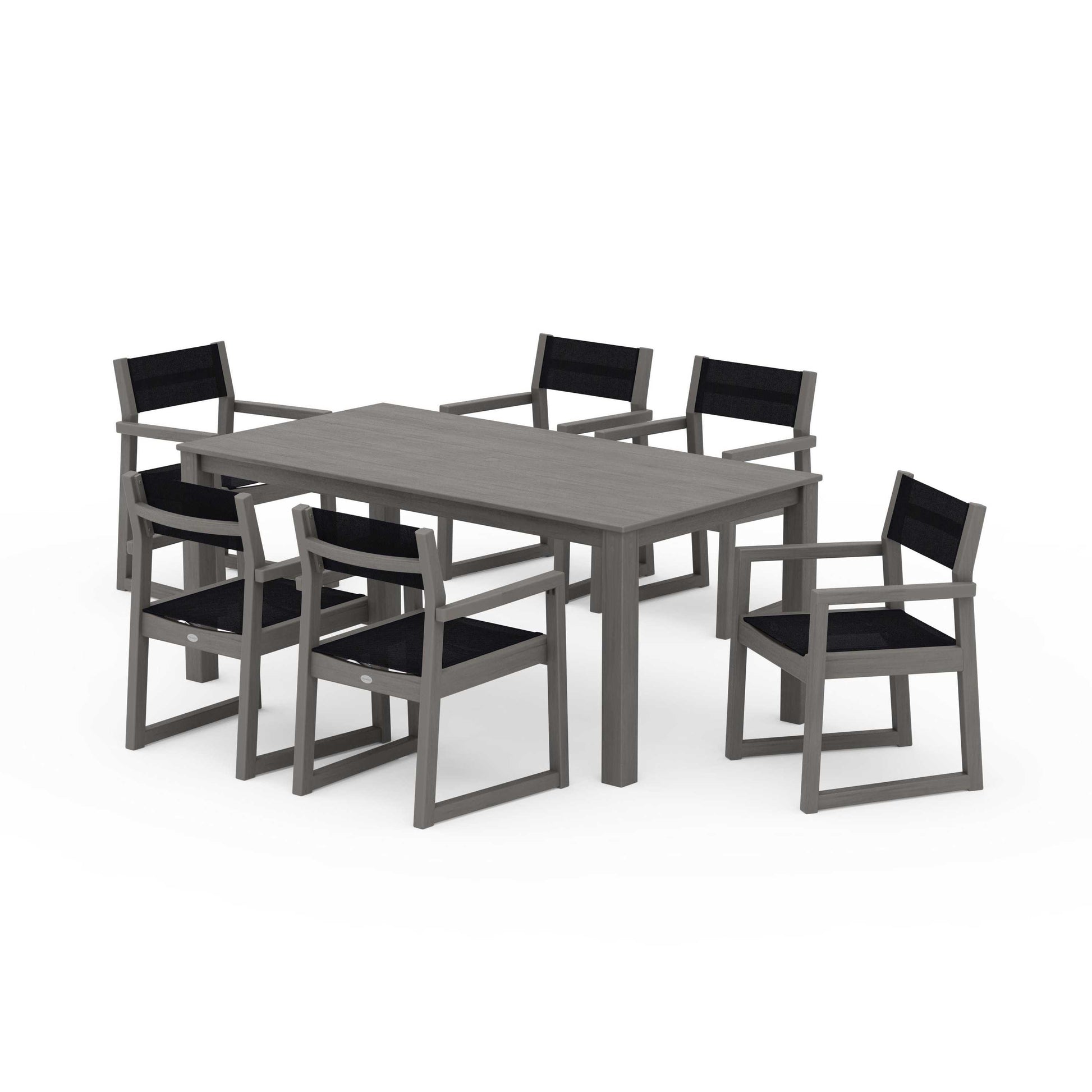 POLYWOOD EDGE Sling Arm Chair 7-Piece Parsons Dining Set — Driftwood / Black Sling