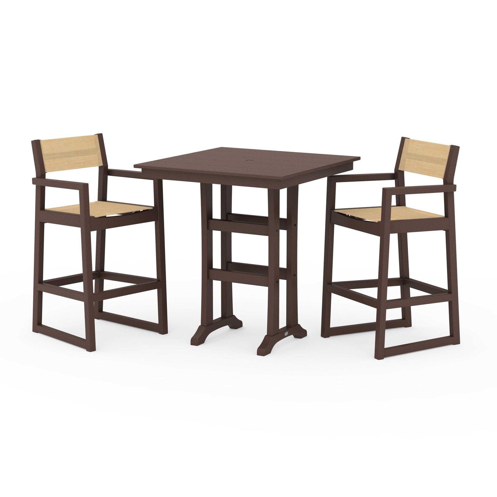 POLYWOOD EDGE Sling Arm Chair 3-Piece Farmhouse Bar Set with Trestle Legs — Mahogany / Dupioni Apricot Sling
