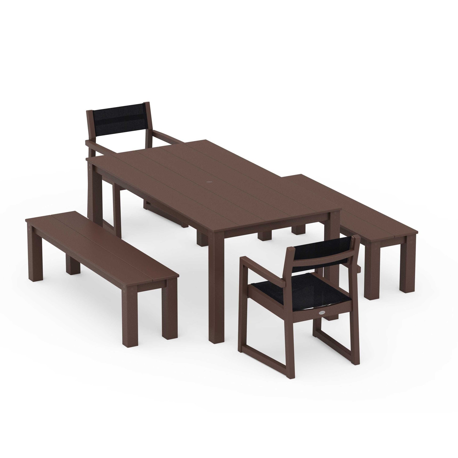 POLYWOOD EDGE Sling Arm Chair 5-Piece Parsons Dining Set with Benches — Mahogany / Black Sling