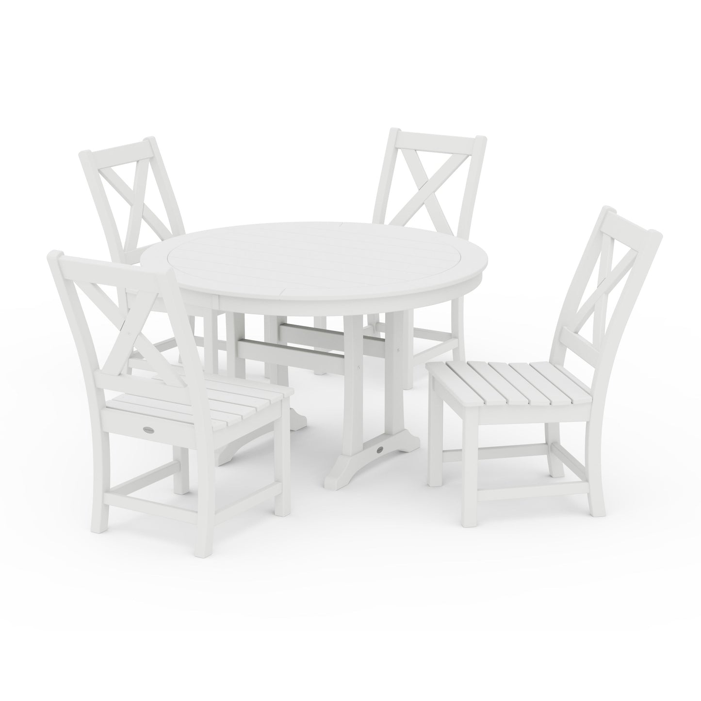 POLYWOOD Braxton Side Chair 5-Piece Round Dining Set With Trestle Legs — White