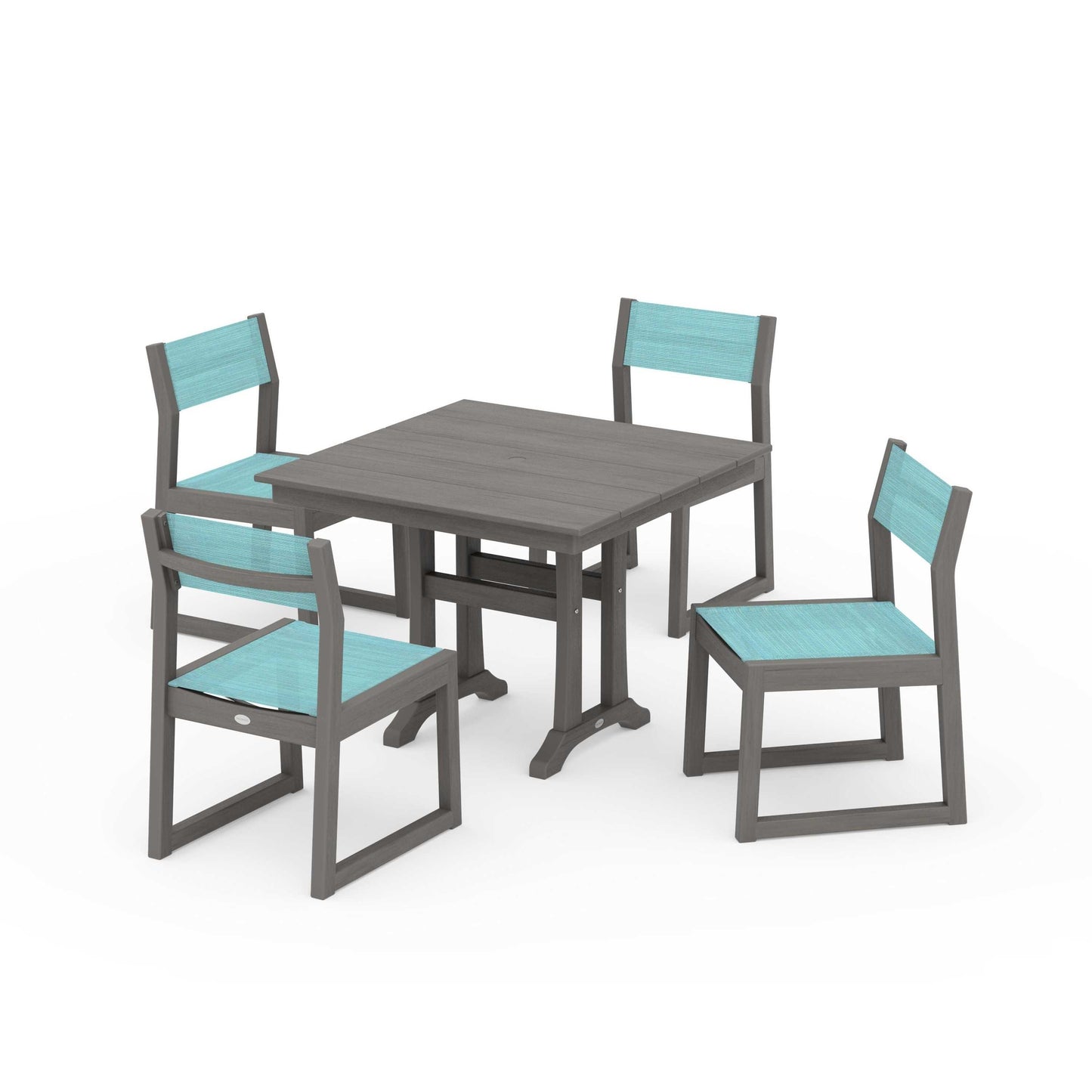 POLYWOOD EDGE Sling 5-Piece Farmhouse Trestle Side Chair Dining Set — Driftwood / Dupioni Aquamarine Sling