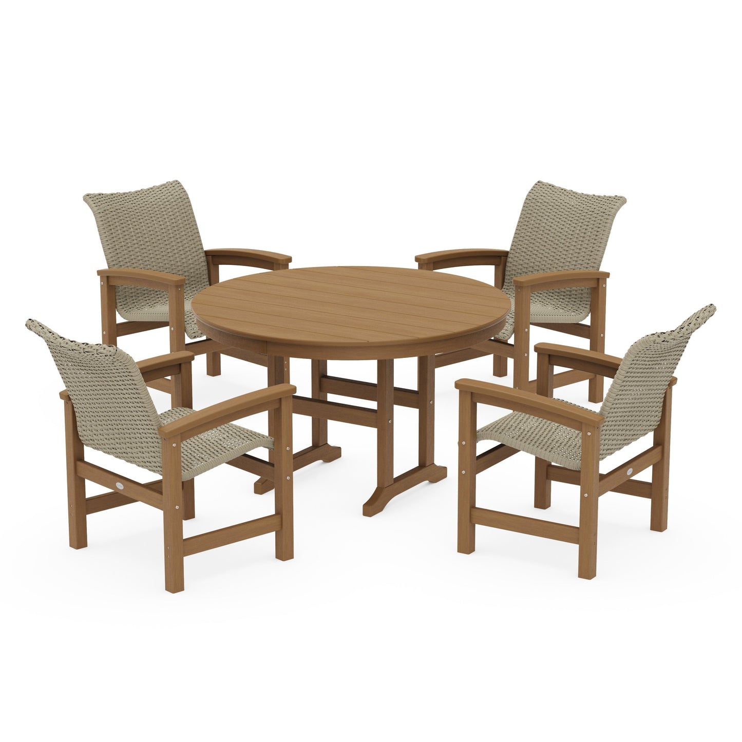 POLYWOOD Coastal Woven 5-Piece Round Farmhouse Dining Set — Natural / Dune Grass
