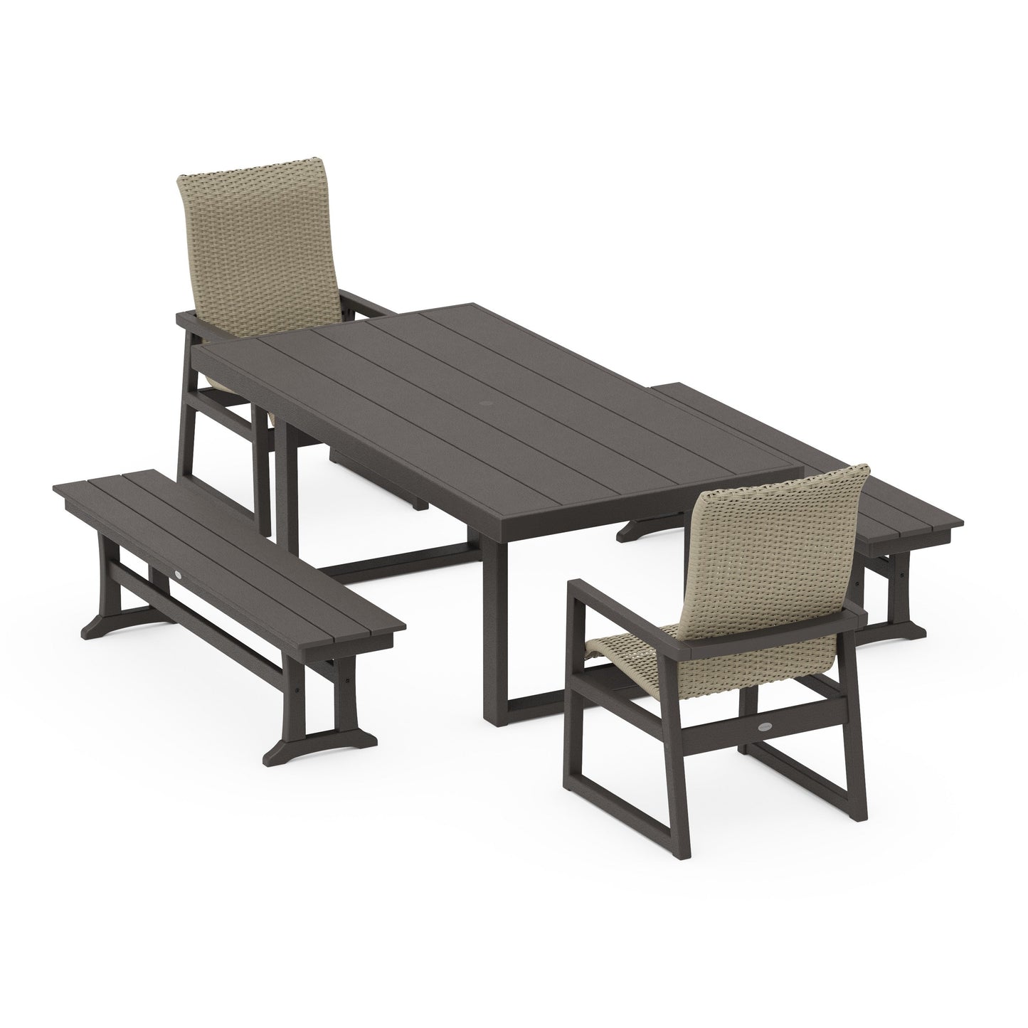 POLYWOOD EDGE Woven Highback 5-Piece Dining Set with Benches — Vintage Coffee / Dune Grass