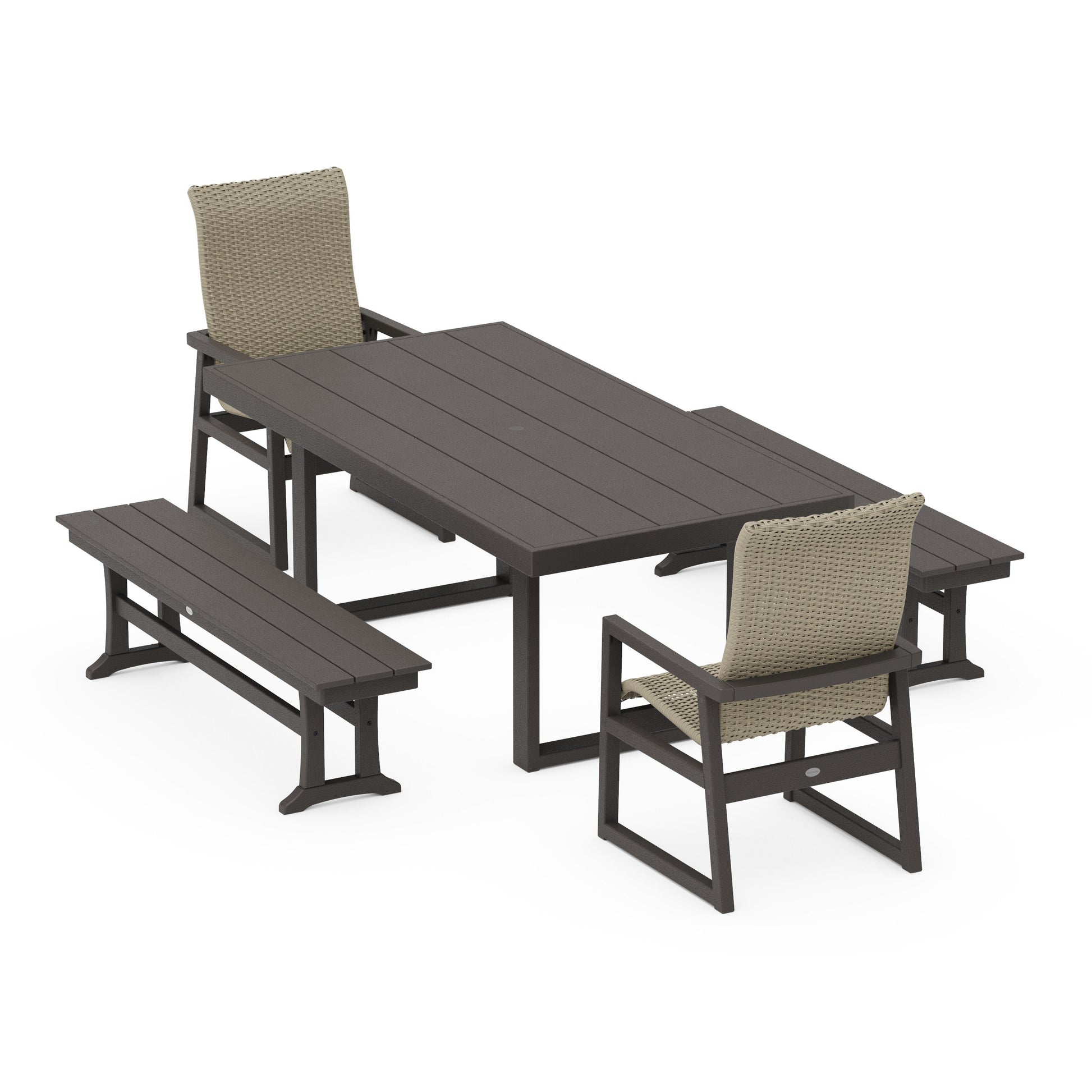 POLYWOOD EDGE Woven Highback 5-Piece Dining Set with Benches — Vintage Coffee / Dune Grass