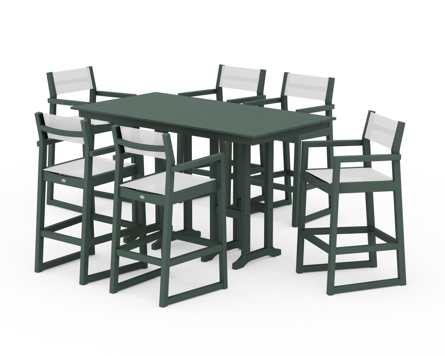 POLYWOOD EDGE Sling Arm Chair 7-Piece Farmhouse Bar Set — Green / White Sling