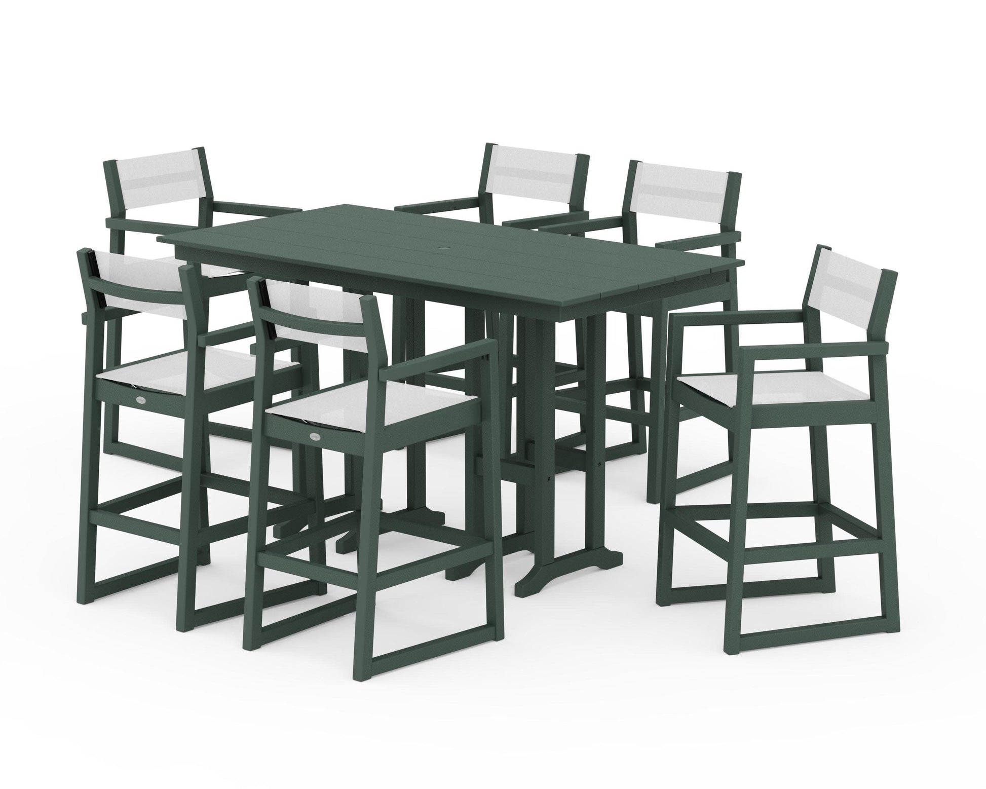 POLYWOOD EDGE Sling Arm Chair 7-Piece Farmhouse Bar Set — Green / White Sling