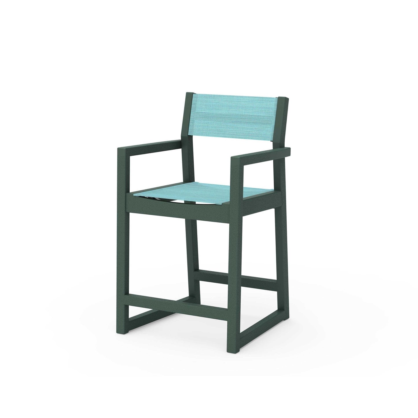 POLYWOOD EDGE Sling Counter Arm Chair — Green / Dupioni Aquamarine Sling