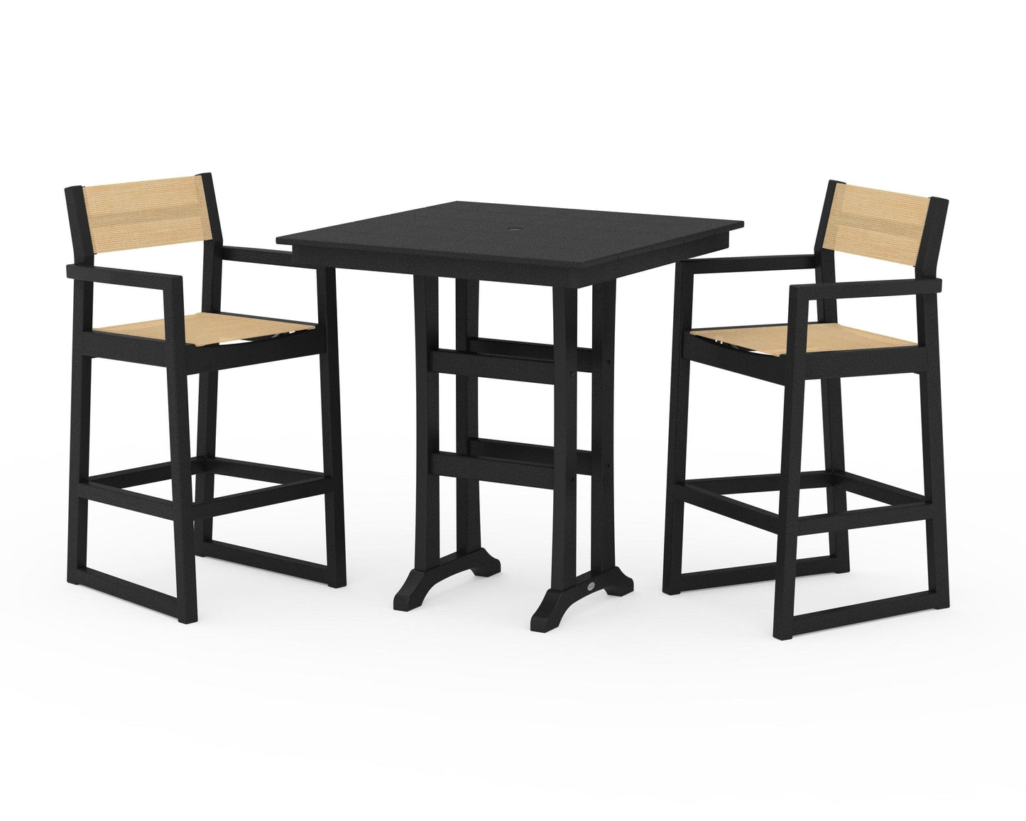POLYWOOD EDGE Sling Arm Chair 3-Piece Farmhouse Bar Set with Trestle Legs — Black / Dupioni Apricot Sling