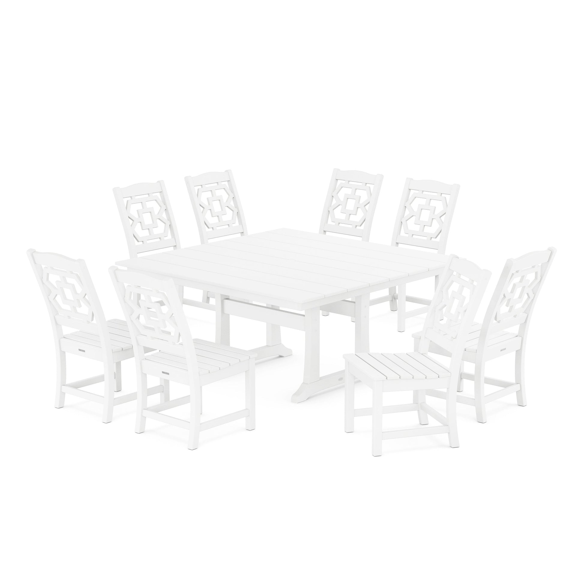 POLYWOOD Chinoiserie 9-Piece Square Farmhouse Side Chair Dining Set with Trestle Legs — White