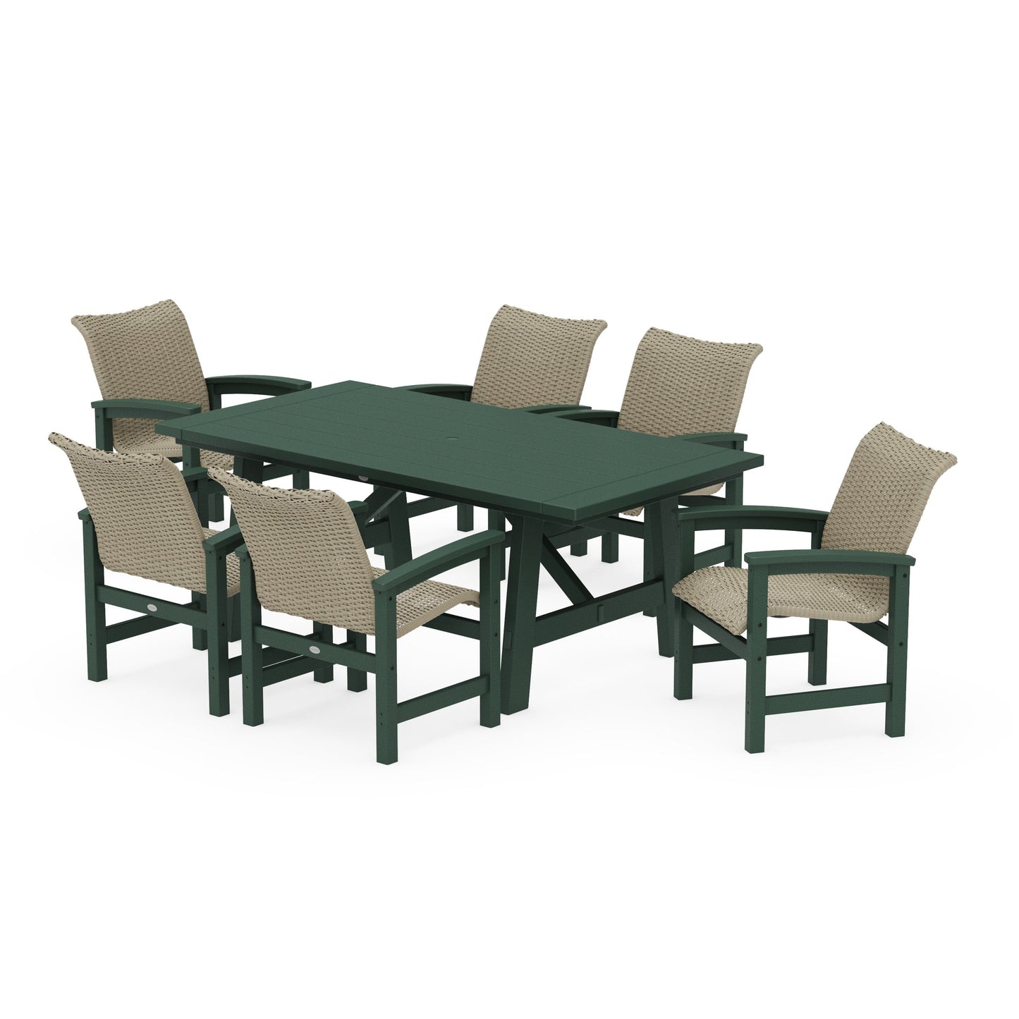 POLYWOOD Coastal Woven Arm Chair 7-Piece Rustic Farmhouse Dining Set — Green / Dune Grass