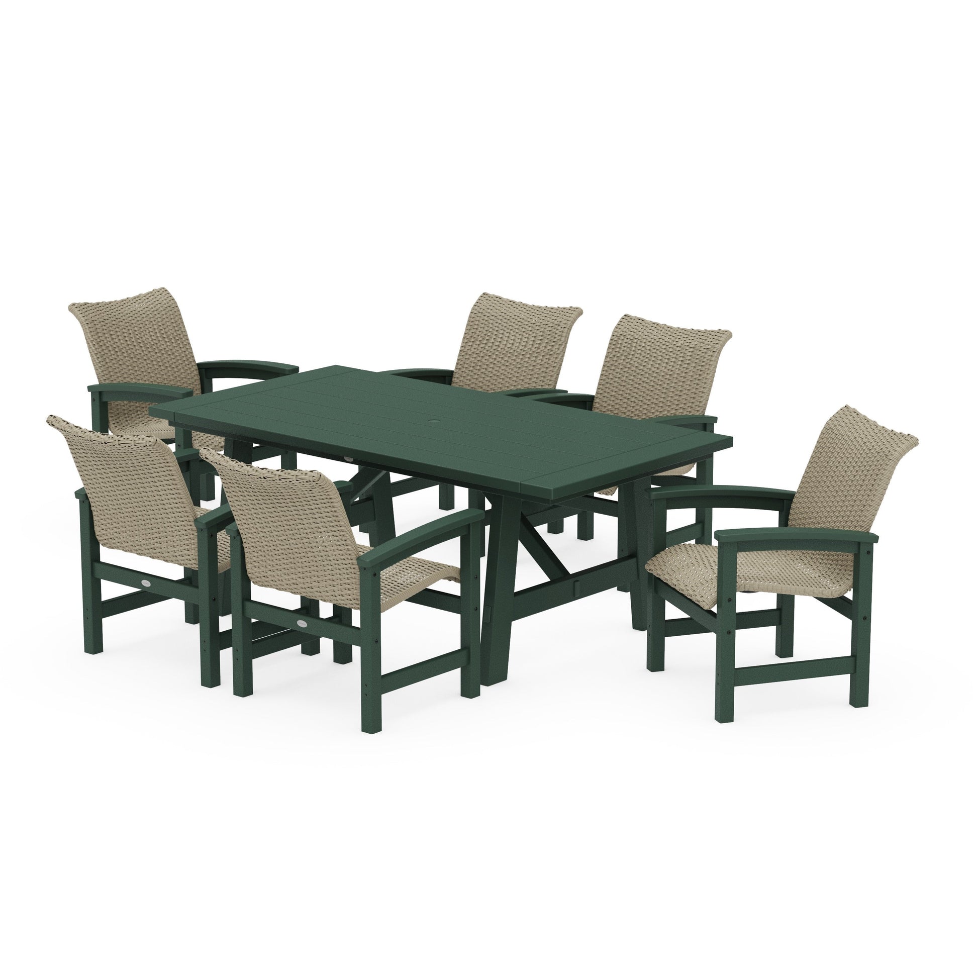 POLYWOOD Coastal Woven Arm Chair 7-Piece Rustic Farmhouse Dining Set — Green / Dune Grass