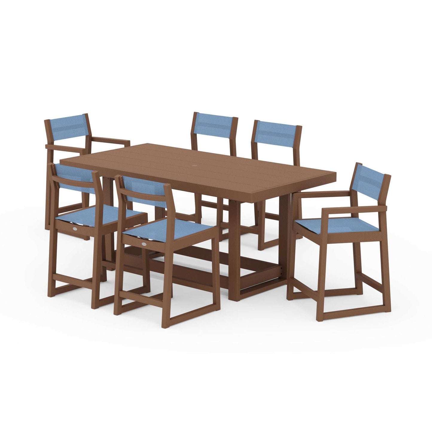 POLYWOOD EDGE Sling 7-Piece Counter Table Set — Teak / Poolside Sling