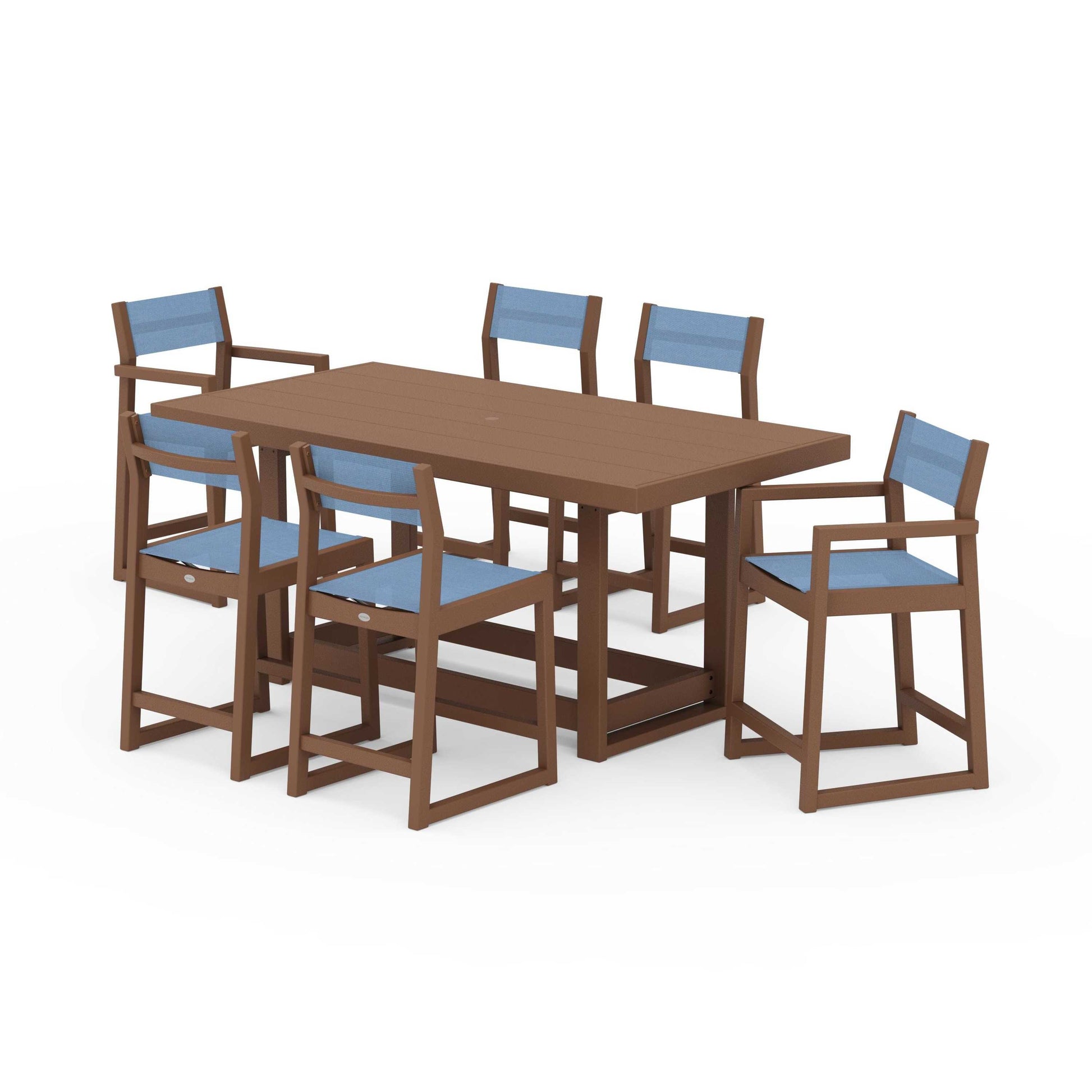 POLYWOOD EDGE Sling 7-Piece Counter Table Set — Teak / Poolside Sling