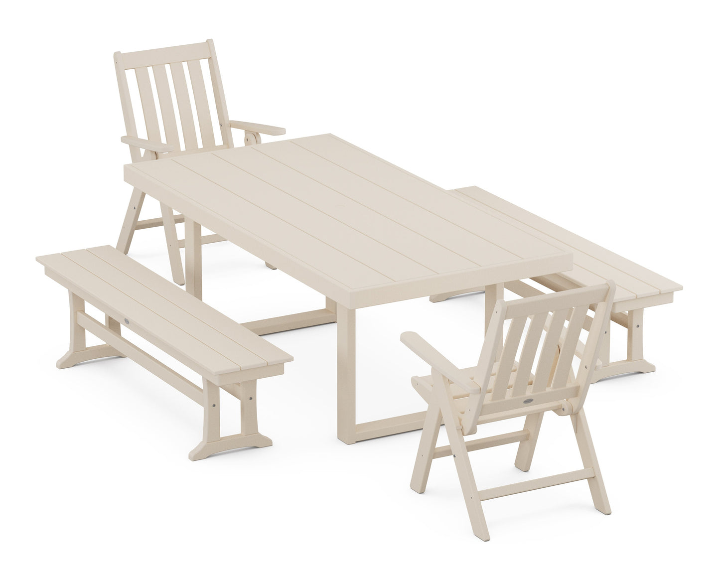 POLYWOOD Vineyard Folding Chair 5-Piece Dining Set with Benches — Sand