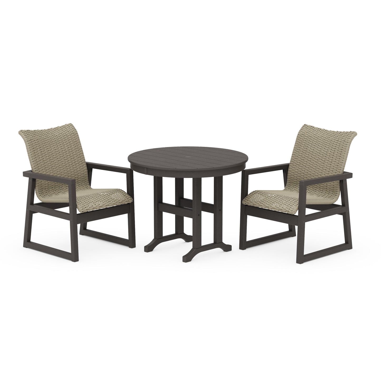 POLYWOOD EDGE Woven 3-Piece Farmhouse Dining Set — Vintage Coffee / Dune Grass