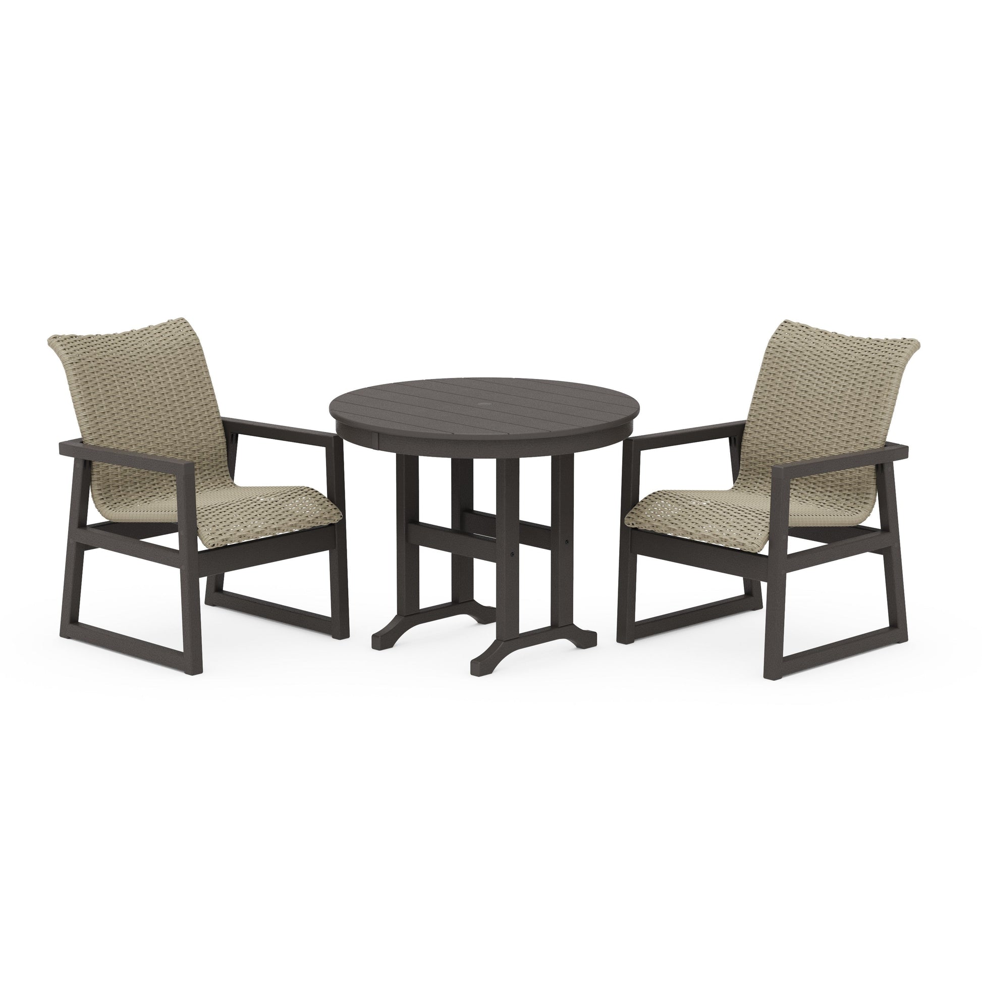 POLYWOOD EDGE Woven 3-Piece Farmhouse Dining Set — Vintage Coffee / Dune Grass