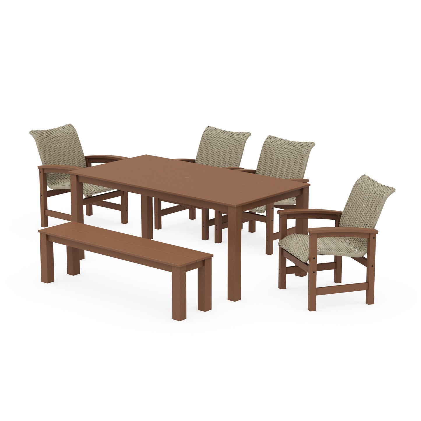 POLYWOOD Coastal Woven 6-Piece Parsons Dining Set with Bench — Teak / Dune Grass
