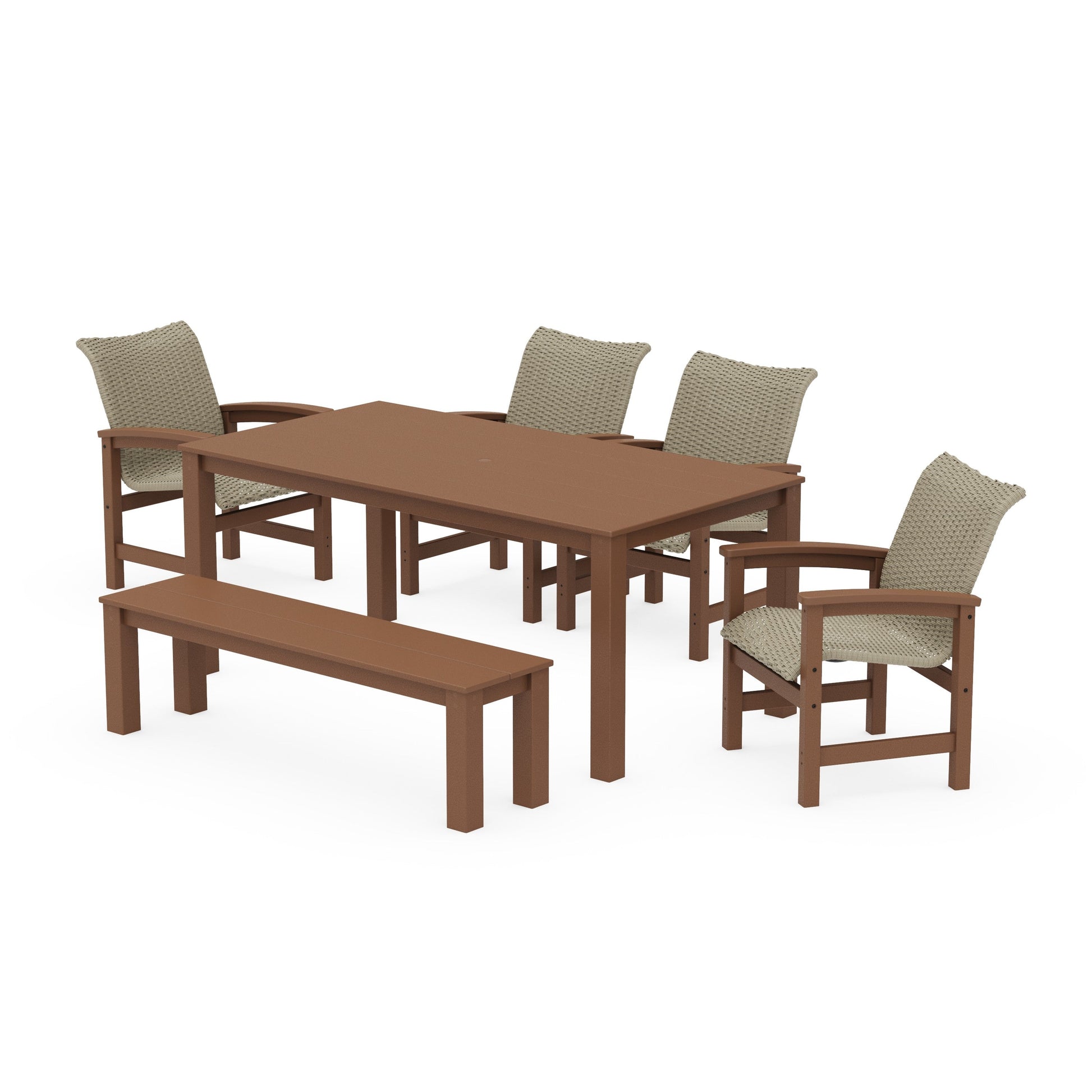 POLYWOOD Coastal Woven 6-Piece Parsons Dining Set with Bench — Teak / Dune Grass