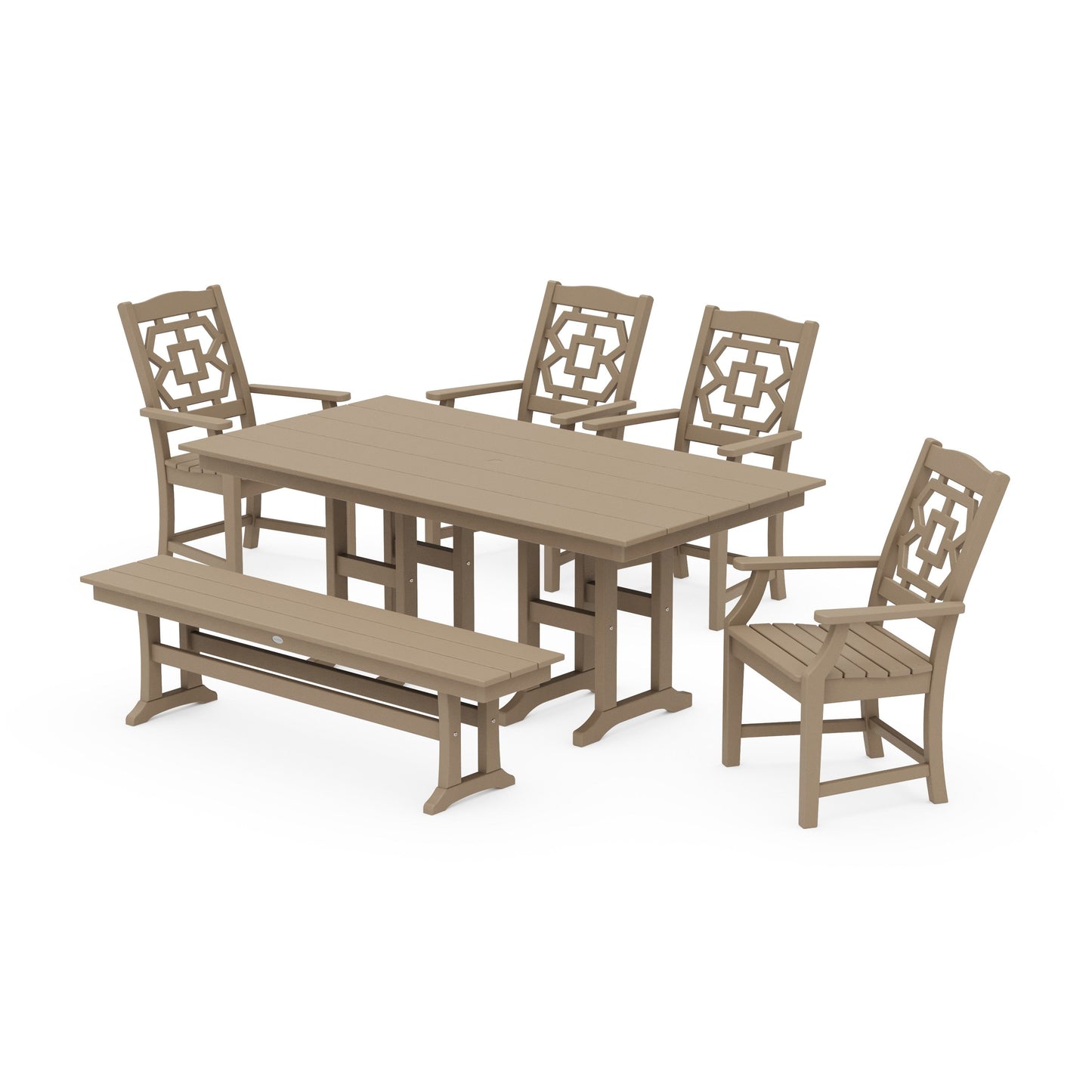 POLYWOOD Chinoiserie 6-Piece Farmhouse Dining Set with Bench — Vintage Sahara