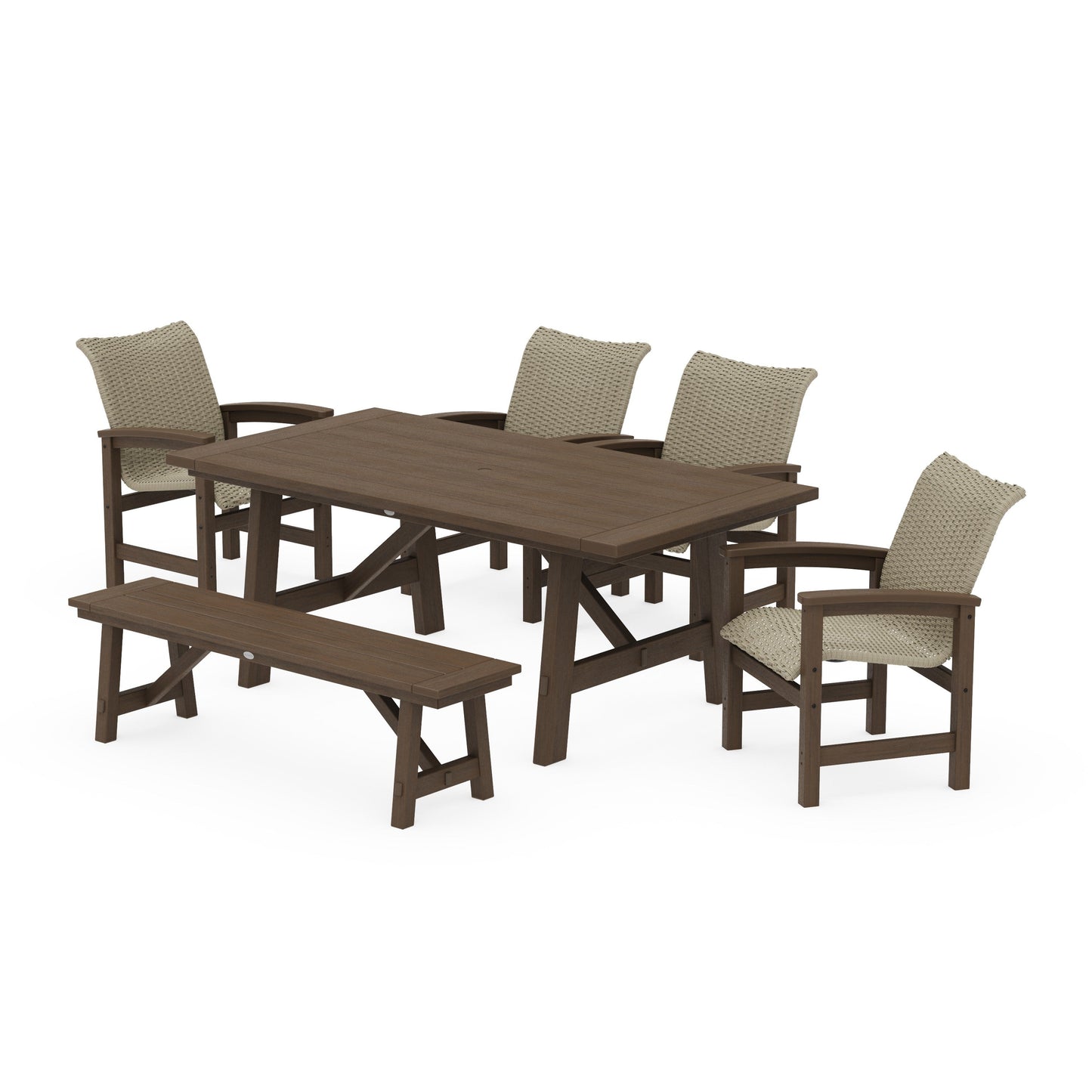 POLYWOOD Coastal Woven 6-Piece Rustic Farmhouse Dining Set with Bench — Kona / Dune Grass
