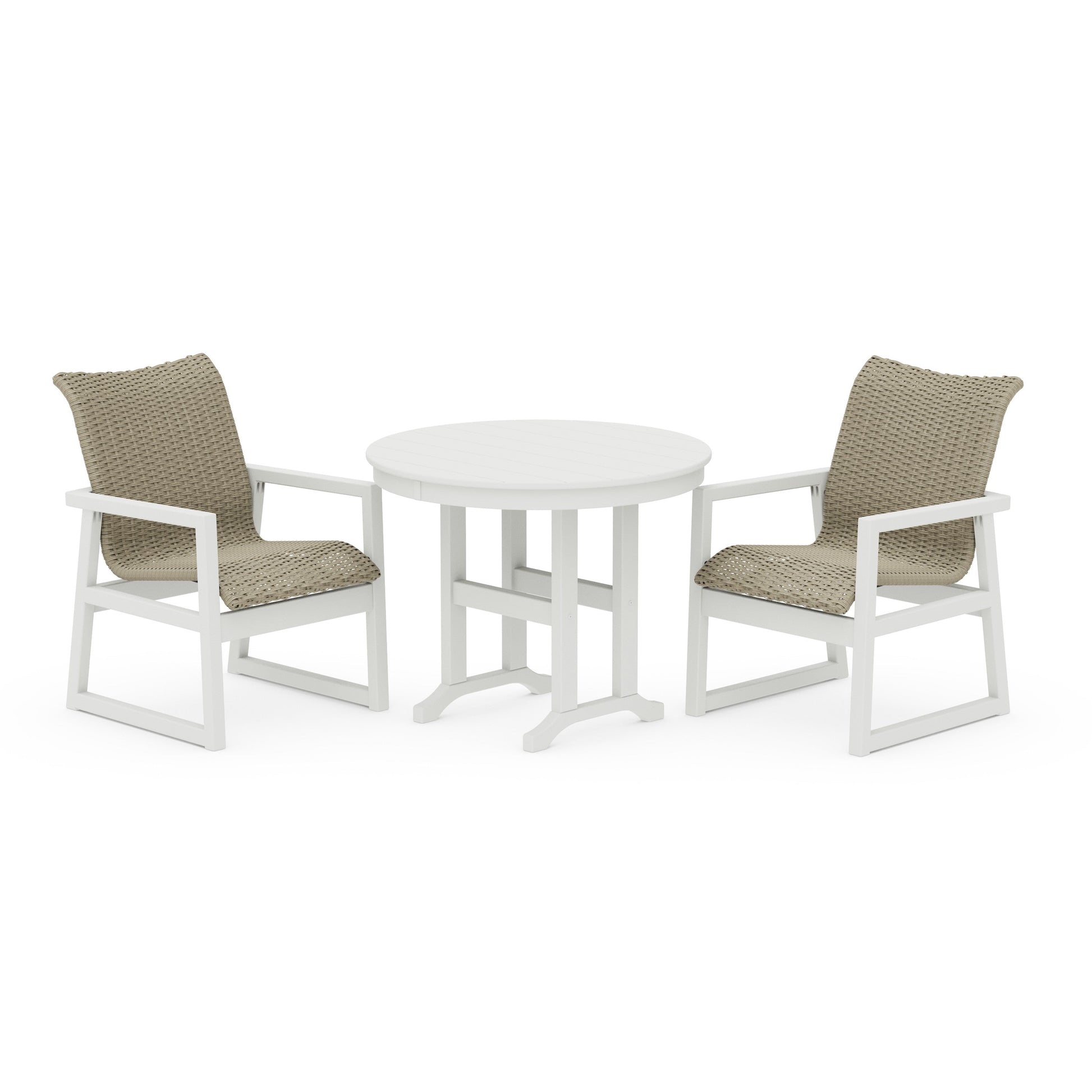 POLYWOOD EDGE Woven 3-Piece Farmhouse Dining Set — Vintage White / Dune Grass