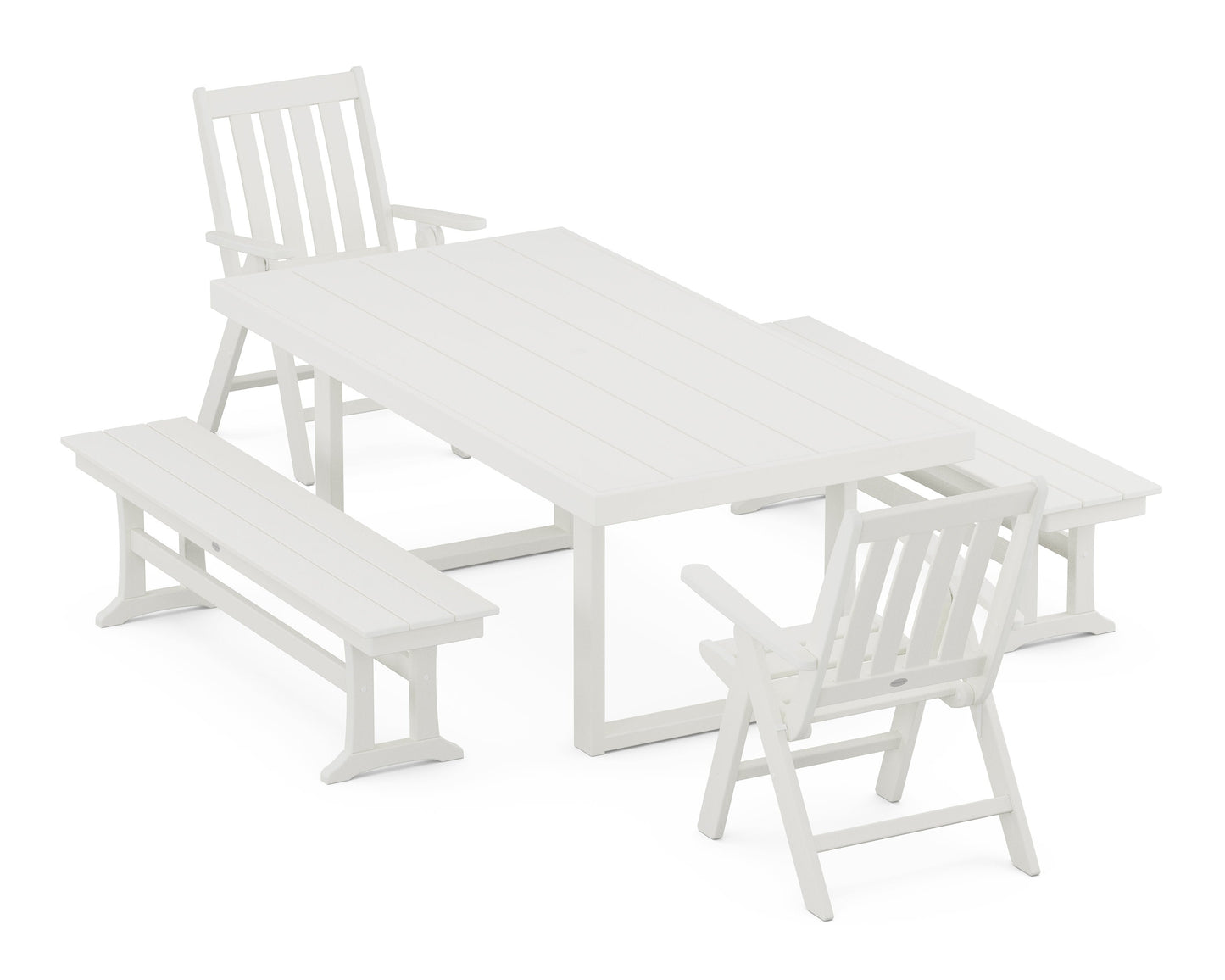 POLYWOOD Vineyard Folding Chair 5-Piece Dining Set with Benches — Vintage White