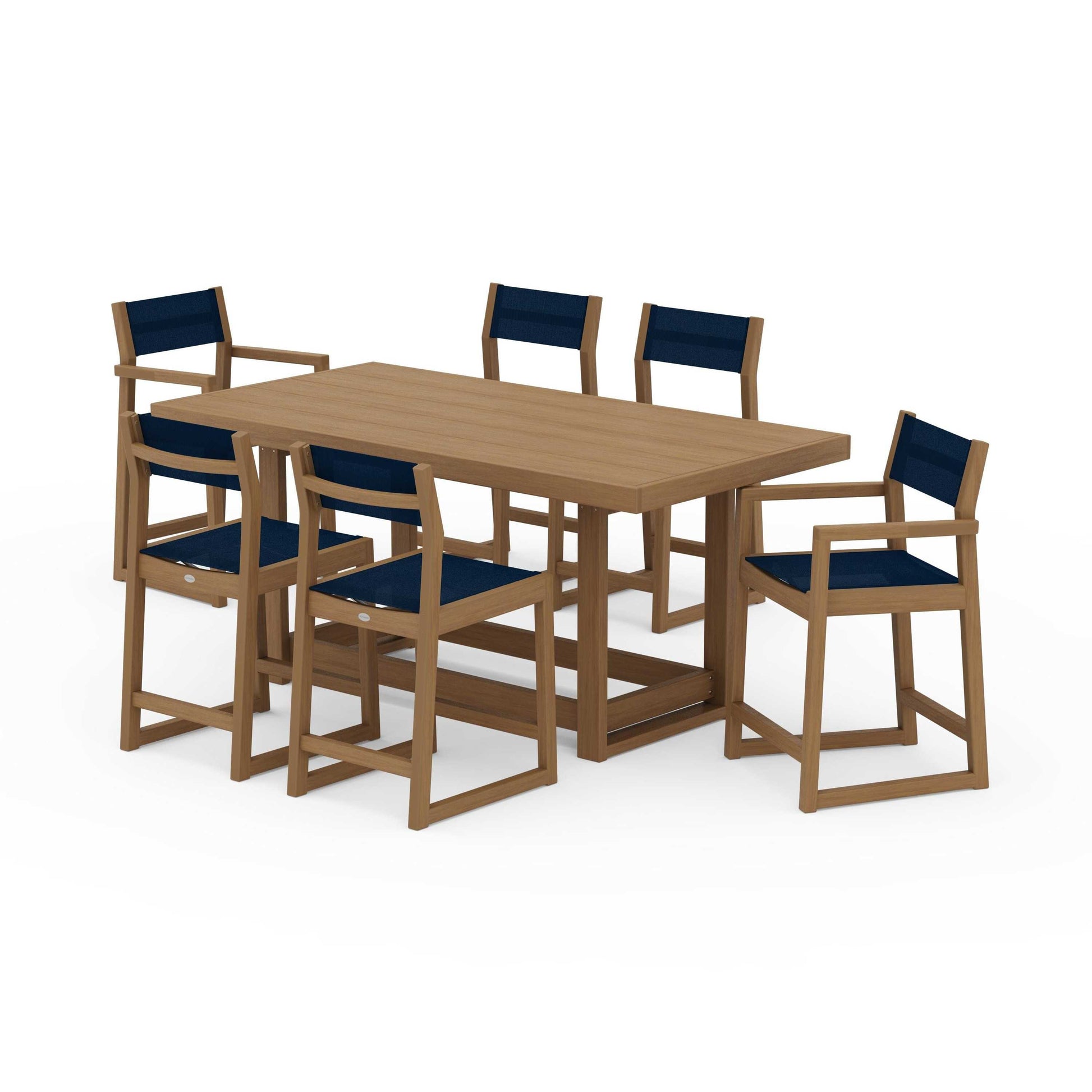 POLYWOOD EDGE Sling 7-Piece Counter Table Set — Natural / Navy Blue Sling