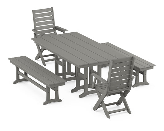 POLYWOOD Captain Folding Chair 5-Piece Farmhouse Dining Set with Benches — Slate Grey