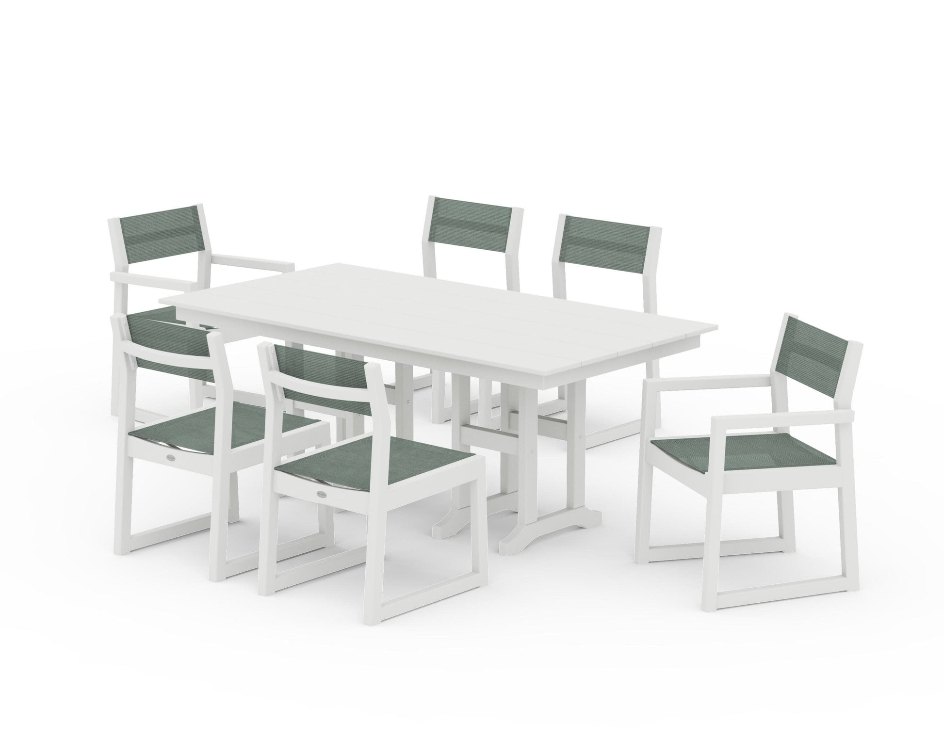 POLYWOOD EDGE Sling 7-Piece Farmhouse Dining Set — Vintage White / Dupioni Sea Mist Sling