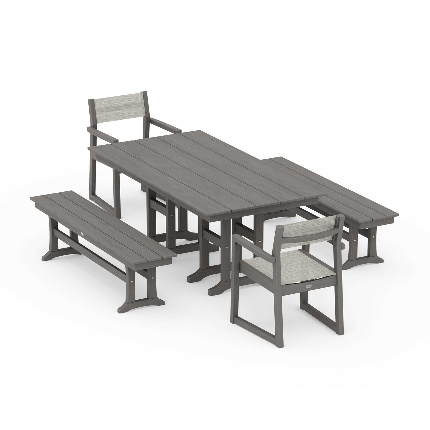 POLYWOOD EDGE Sling Arm Chair 5-Piece Farmhouse Dining Set with Benches — Driftwood / Birch Sling