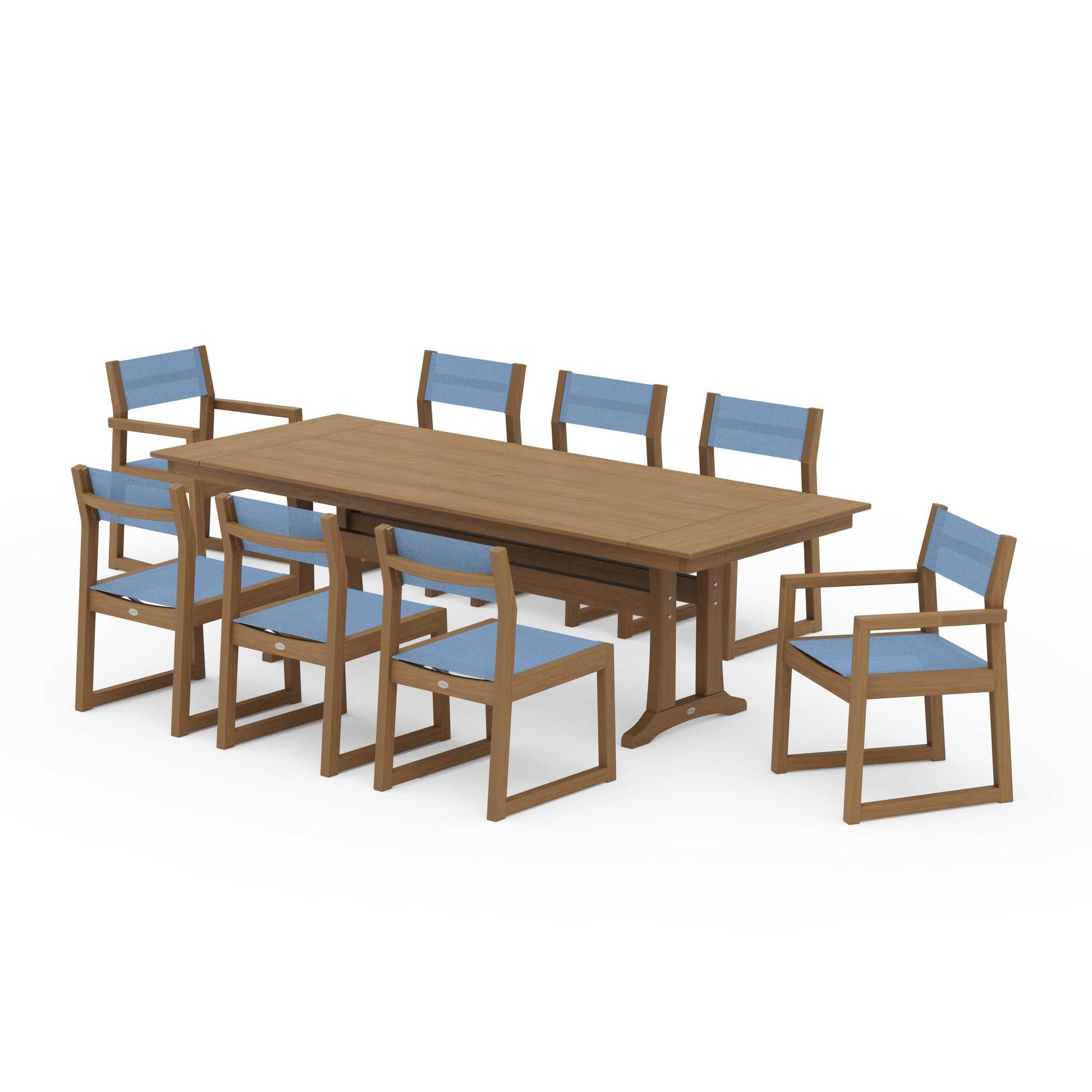 POLYWOOD EDGE Sling 9-Piece Farmhouse Trestle Dining Set — Natural / Poolside Sling