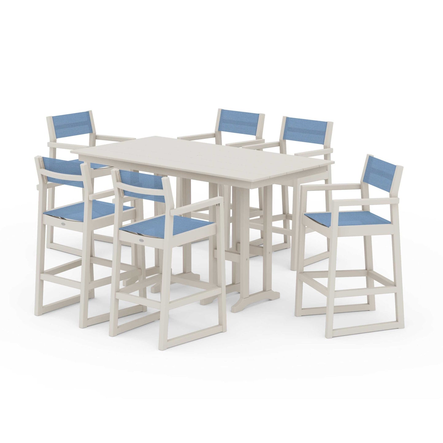POLYWOOD EDGE Sling Arm Chair 7-Piece Farmhouse Bar Set — Sand / Poolside Sling