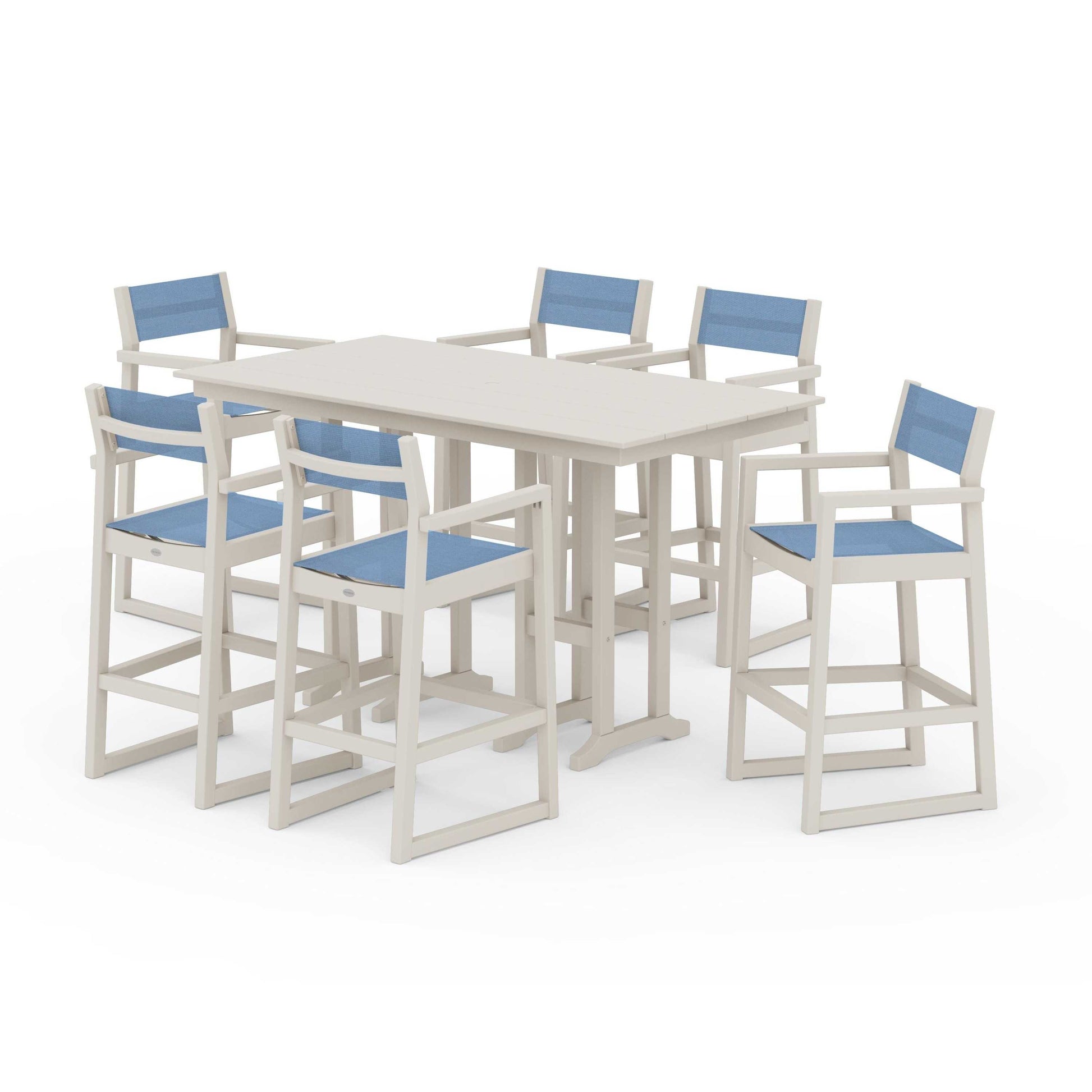 POLYWOOD EDGE Sling Arm Chair 7-Piece Farmhouse Bar Set — Sand / Poolside Sling