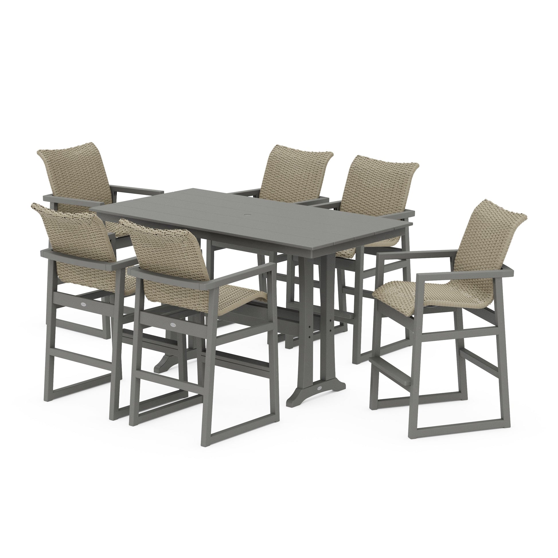 POLYWOOD EDGE Woven Arm Chair 7-Piece Farmhouse Bar Set with Trestle Legs — Slate Grey / Dune Grass