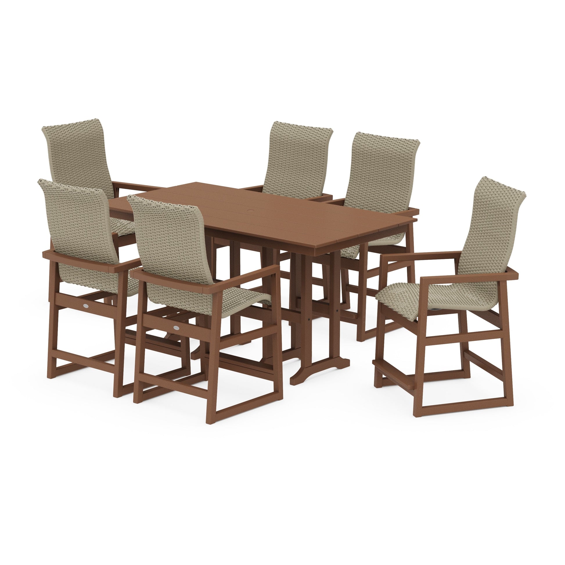 POLYWOOD EDGE Woven Highback Arm Chair 7-Piece Farmhouse Counter Set — Teak / Dune Grass
