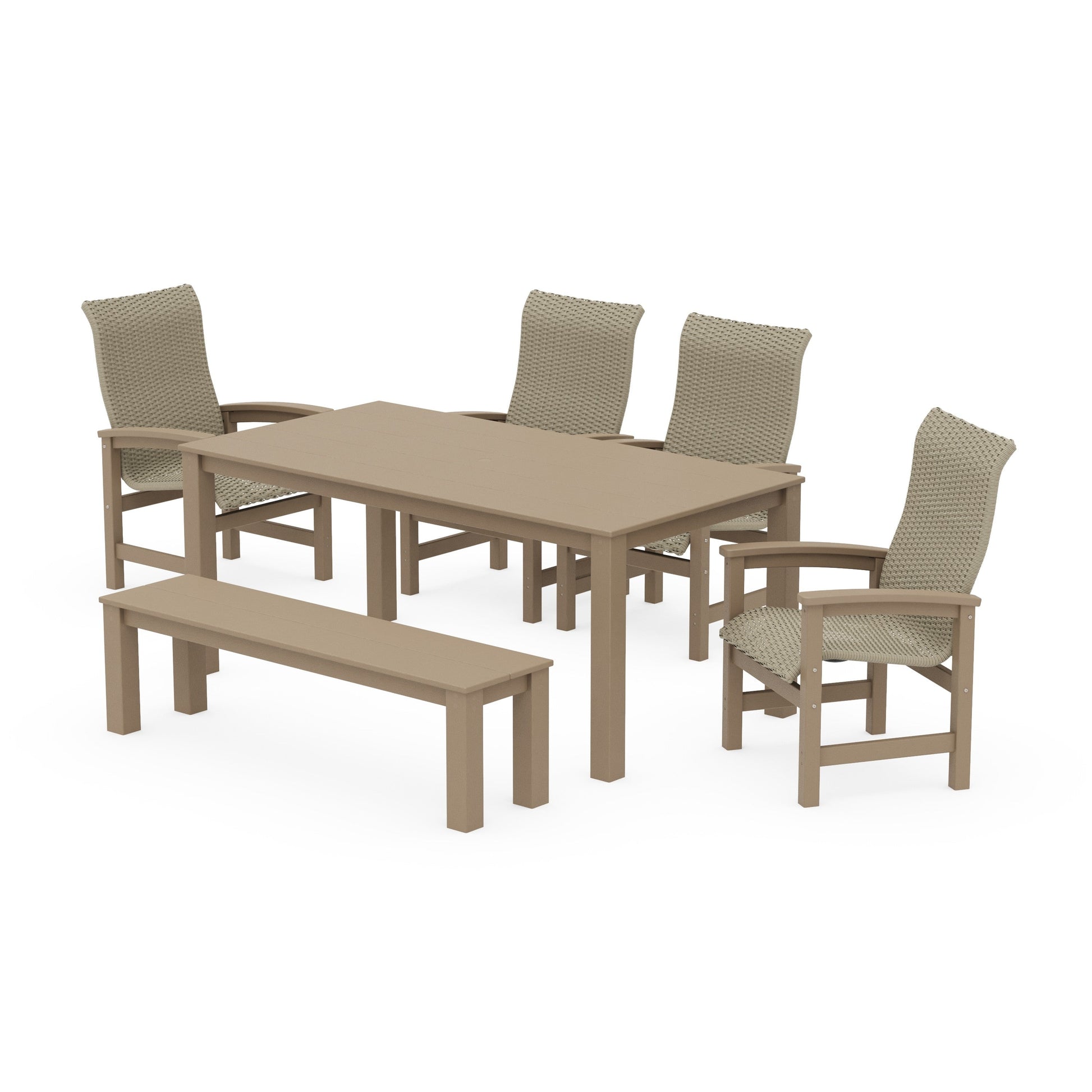 POLYWOOD Coastal Woven High-Back 6-Piece Parsons Dining Set with Bench — Vintage Sahara / Dune Grass