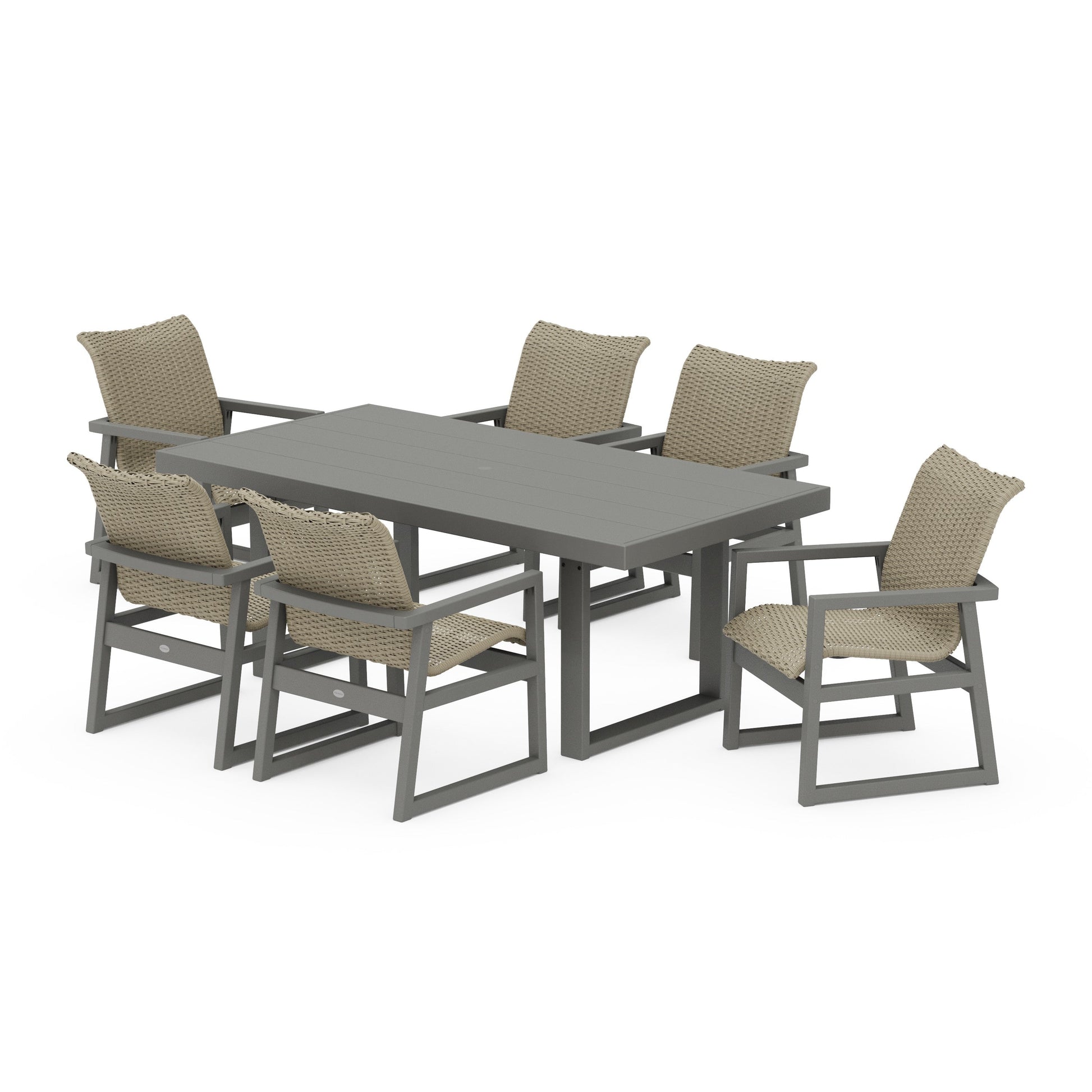 POLYWOOD EDGE Woven Arm Chair 7-Piece Dining Set — Slate Grey / Dune Grass