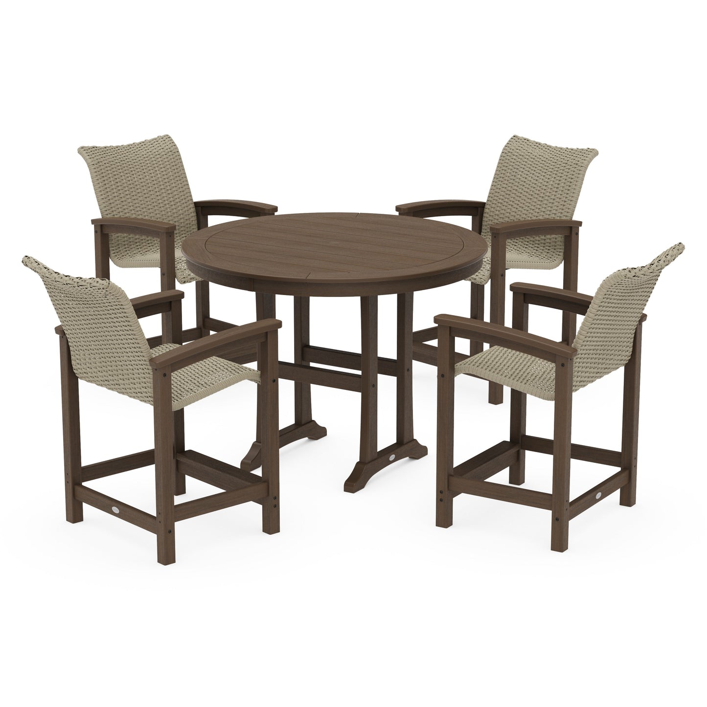 POLYWOOD Coastal Woven 5-Piece Round Counter Set — Kona / Dune Grass