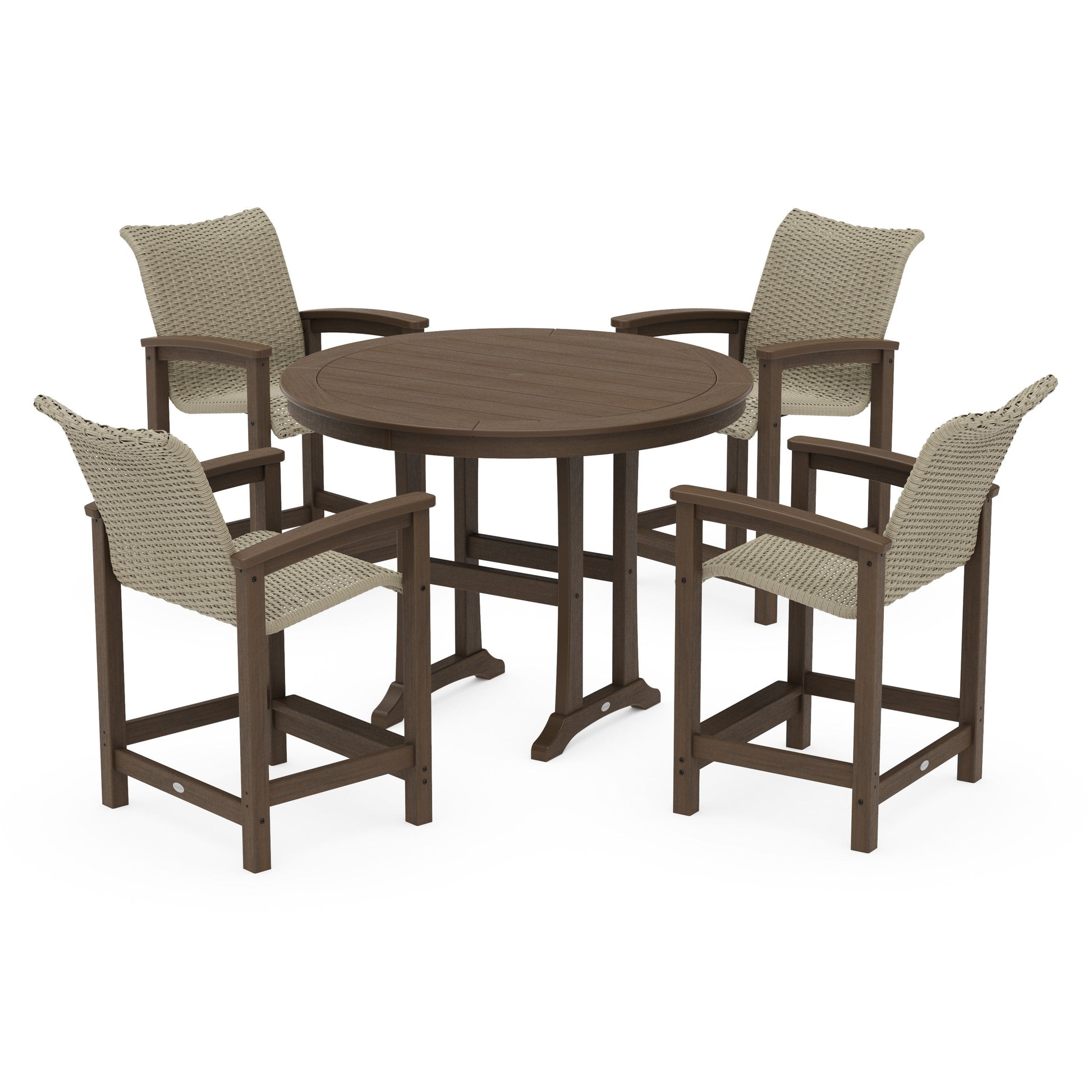 POLYWOOD Coastal Woven 5-Piece Round Counter Set — Kona / Dune Grass