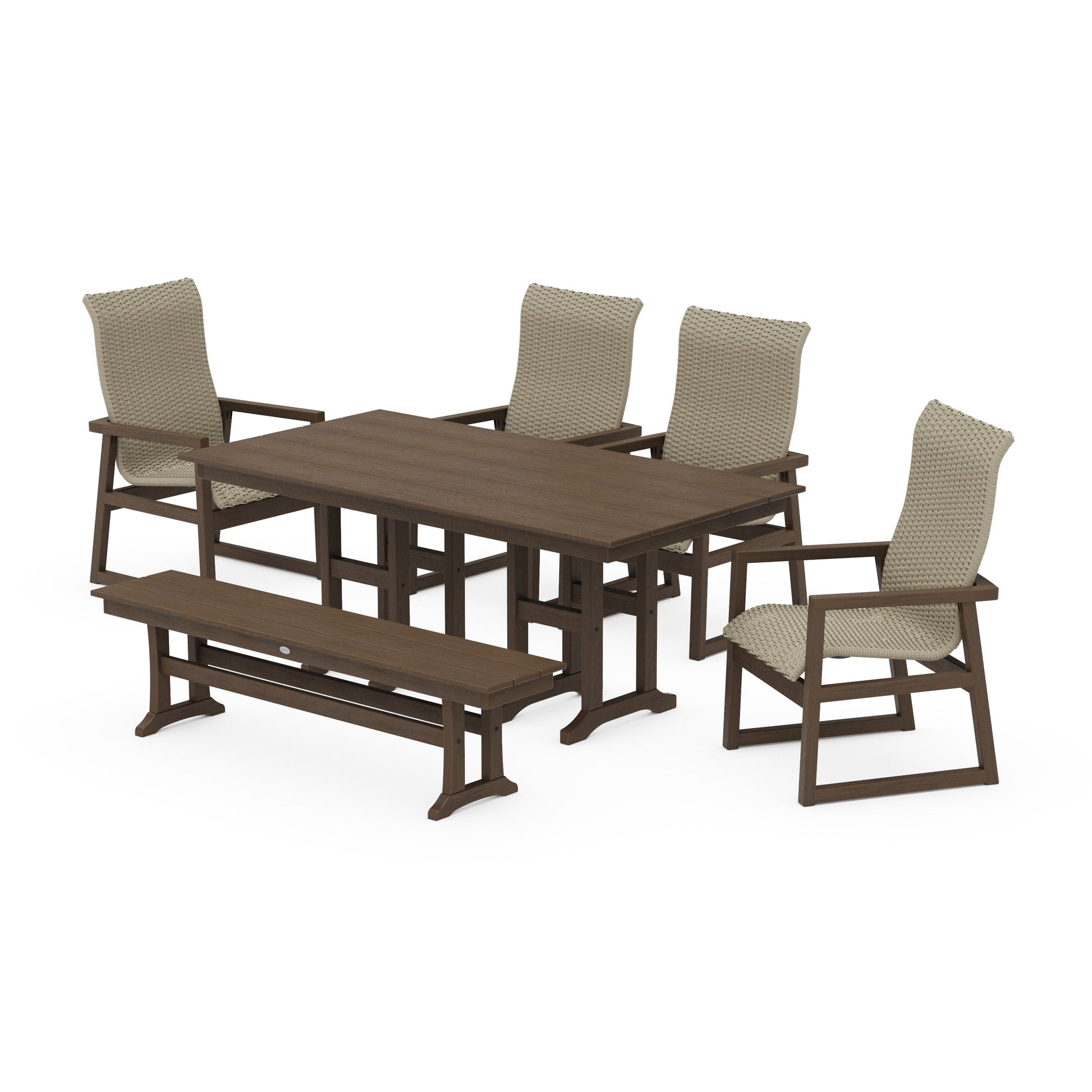 POLYWOOD EDGE Woven Highback 6-Piece Farmhouse Dining Set with Bench — Kona / Dune Grass