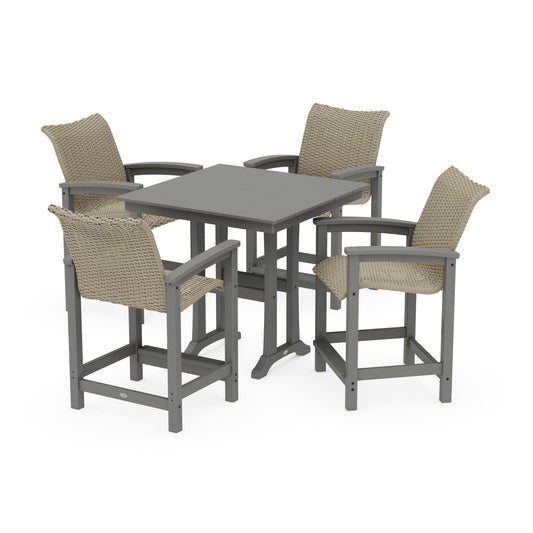 POLYWOOD Coastal Woven 5-Piece Farmhouse Counter Set with Trestle Legs — Slate Grey / Dune Grass