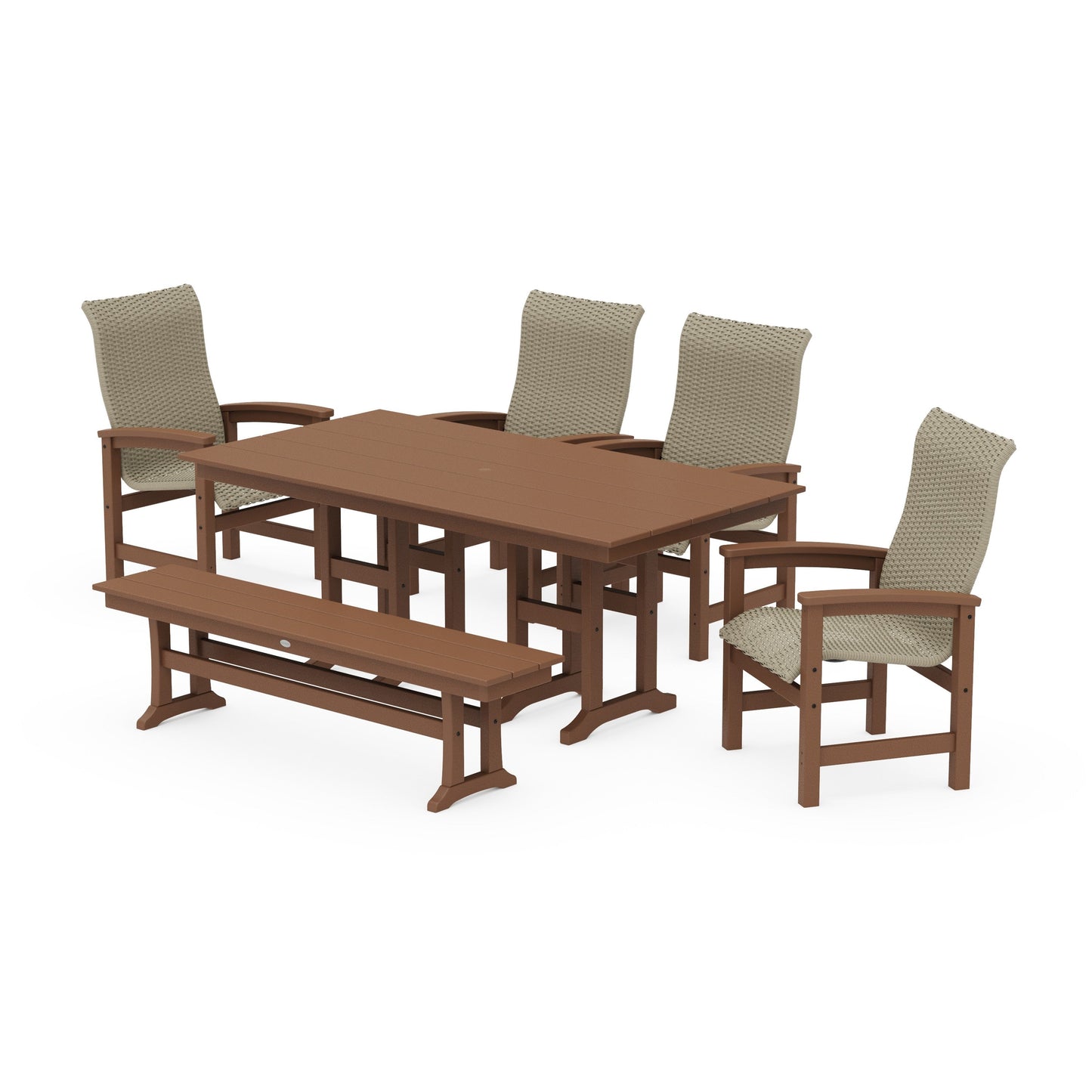 POLYWOOD Coastal Woven High-Back 6-Piece Farmhouse Dining Set with Bench — Teak / Dune Grass