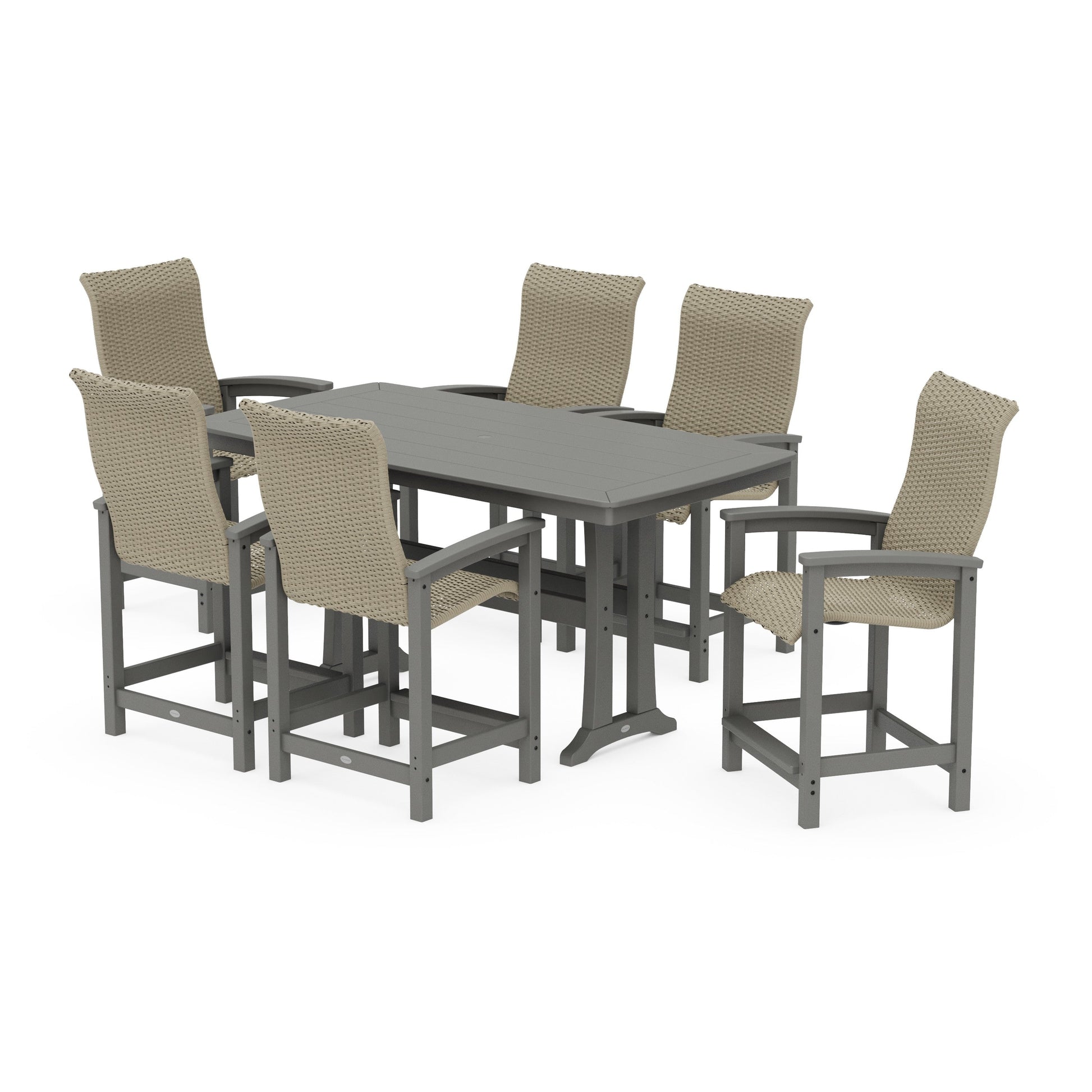 POLYWOOD Coastal Woven High-Back Arm Chair 7-Piece Counter Set with Trestle Legs — Slate Grey / Dune Grass