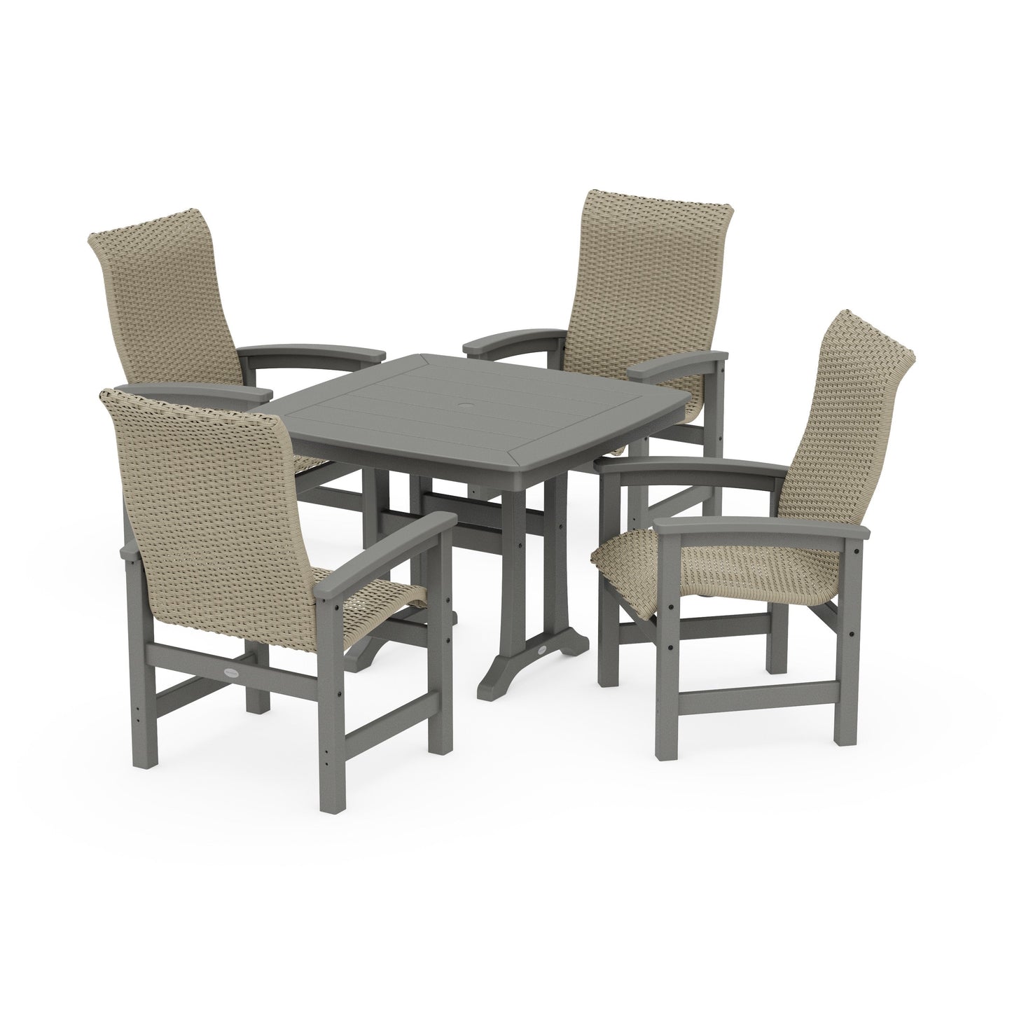 POLYWOOD Coastal Woven High-Back 5-Piece Dining Set with Trestle Legs — Slate Grey / Dune Grass